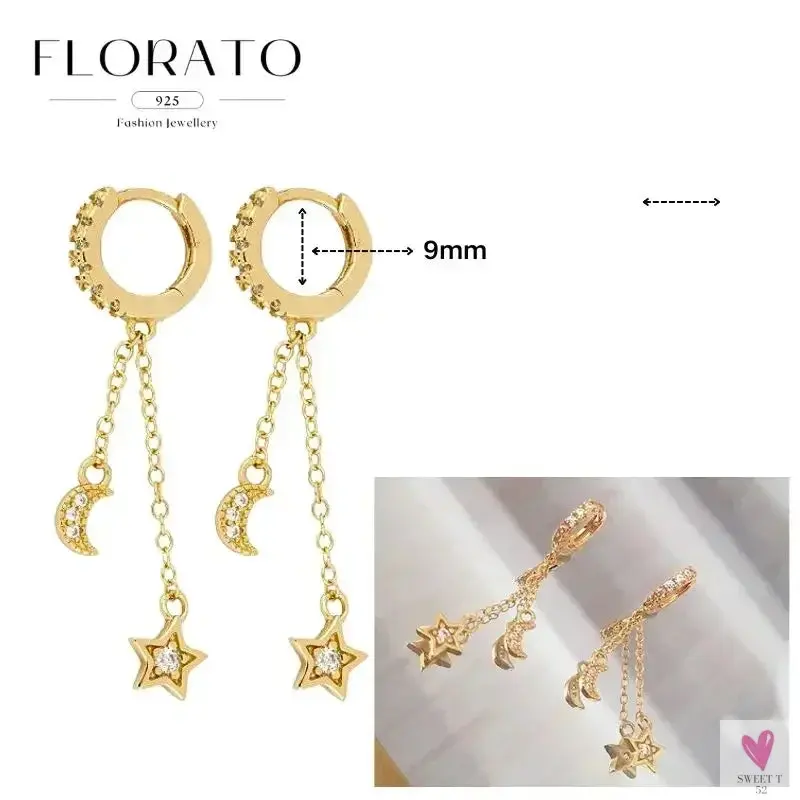 925 Sterling Silver Long Chain Tassel Drop Earrings for Women - Crystal Zircon Star Perforation Earrings, Fine Jewelry