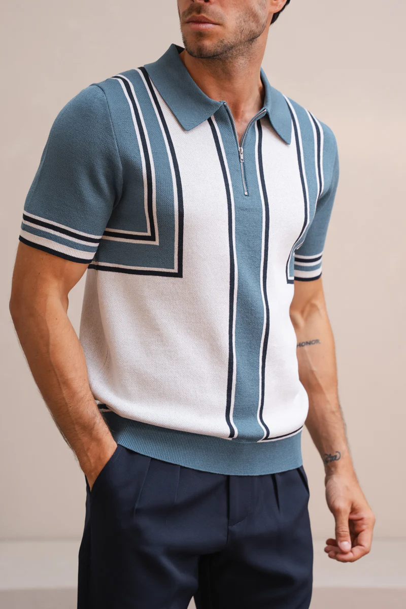 Geometric Quarter Zip Polo - Ocean