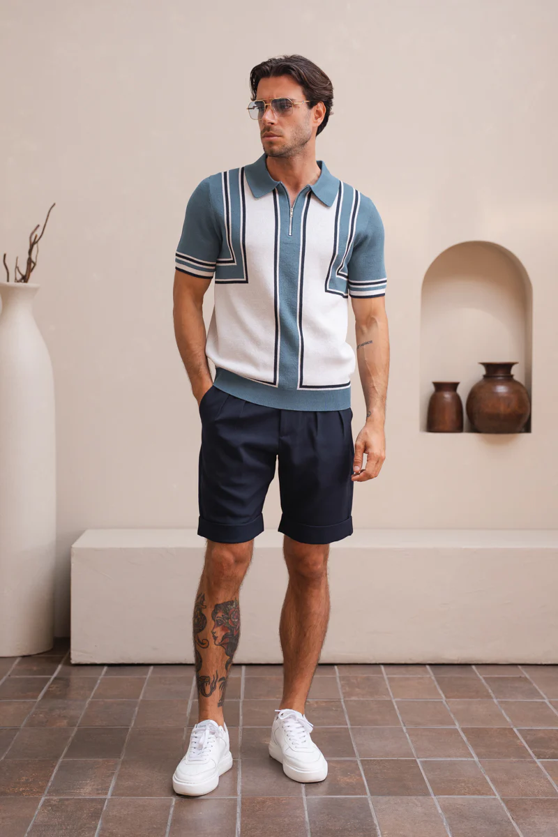 Geometric Quarter Zip Polo - Ocean