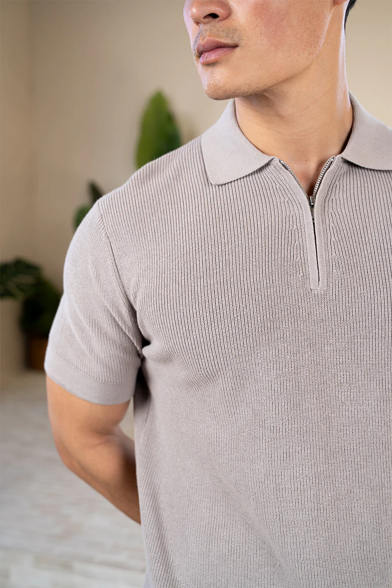Premium Ribbed Knitted Polo Shirt - Taupe