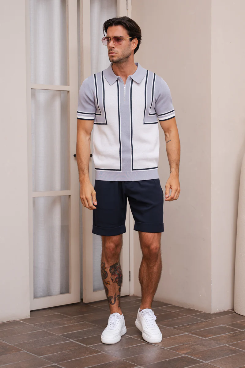 Geometric Quarter Zip Polo - Pale Blue