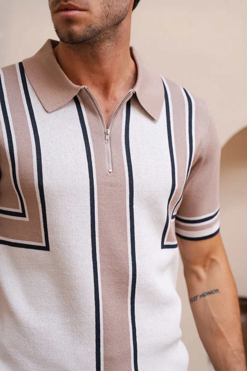 Geometric Quarter Zip Polo - Taupe