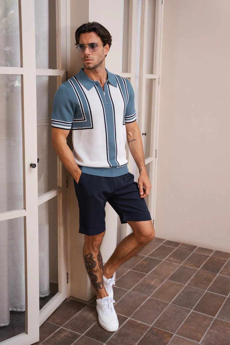 Geometric Quarter Zip Polo - Ocean