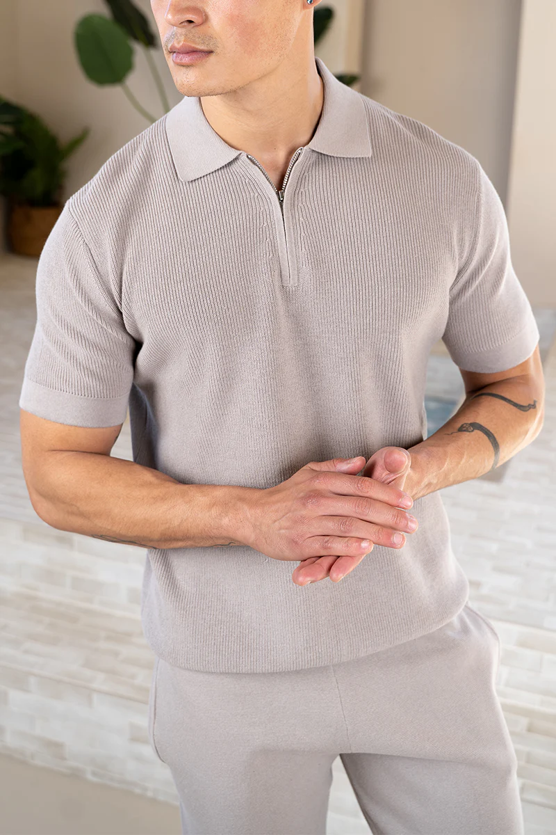 Premium Ribbed Knitted Polo Shirt - Taupe