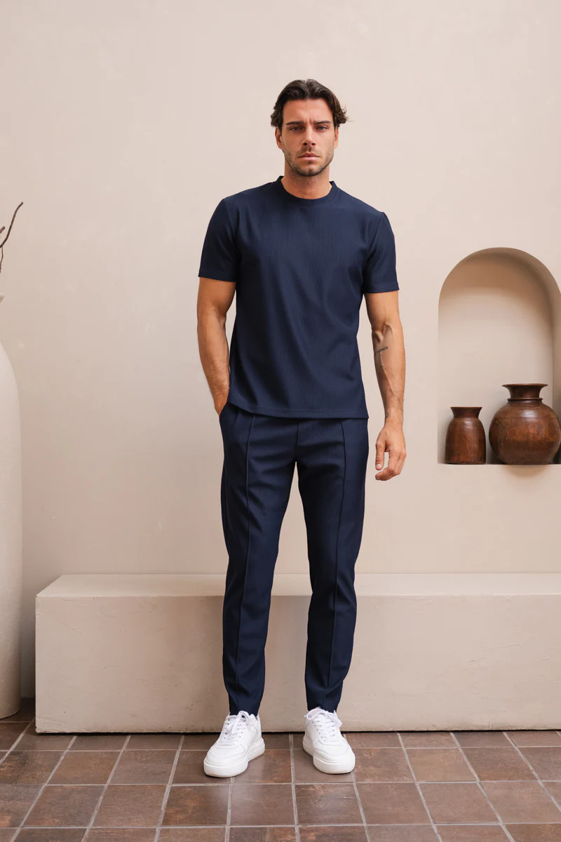 Pleated Slim Fit T-Shirt - Navy