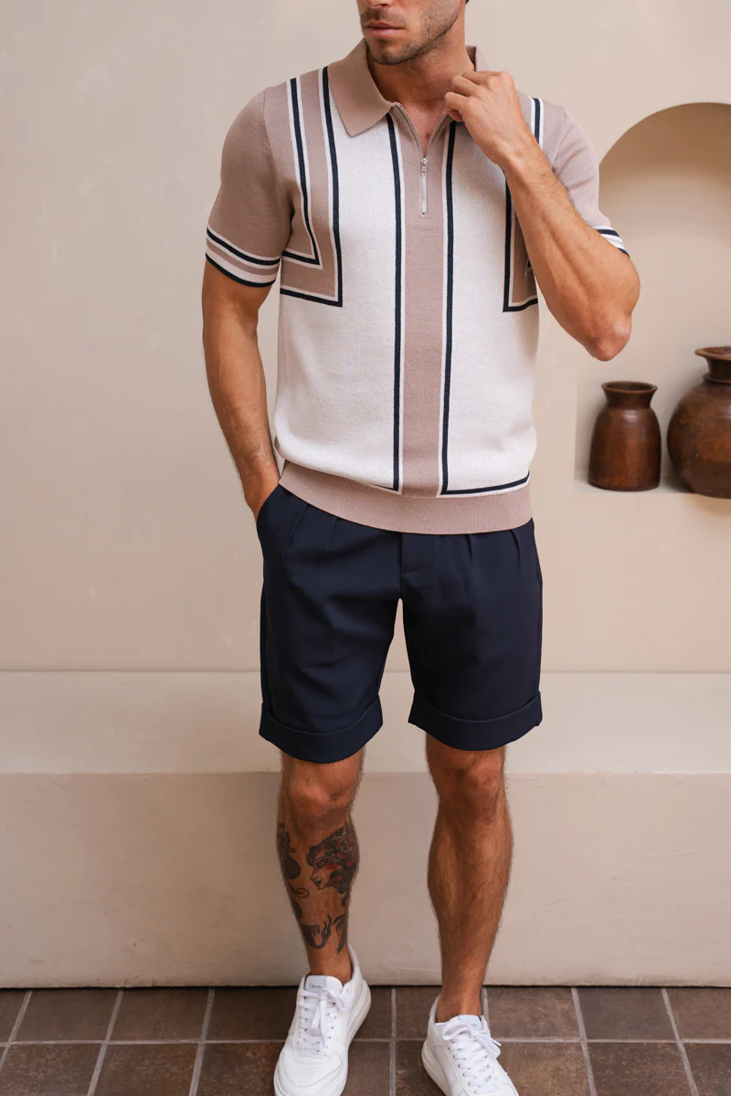 Geometric Quarter Zip Polo - Taupe