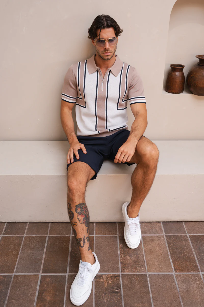 Geometric Quarter Zip Polo - Taupe