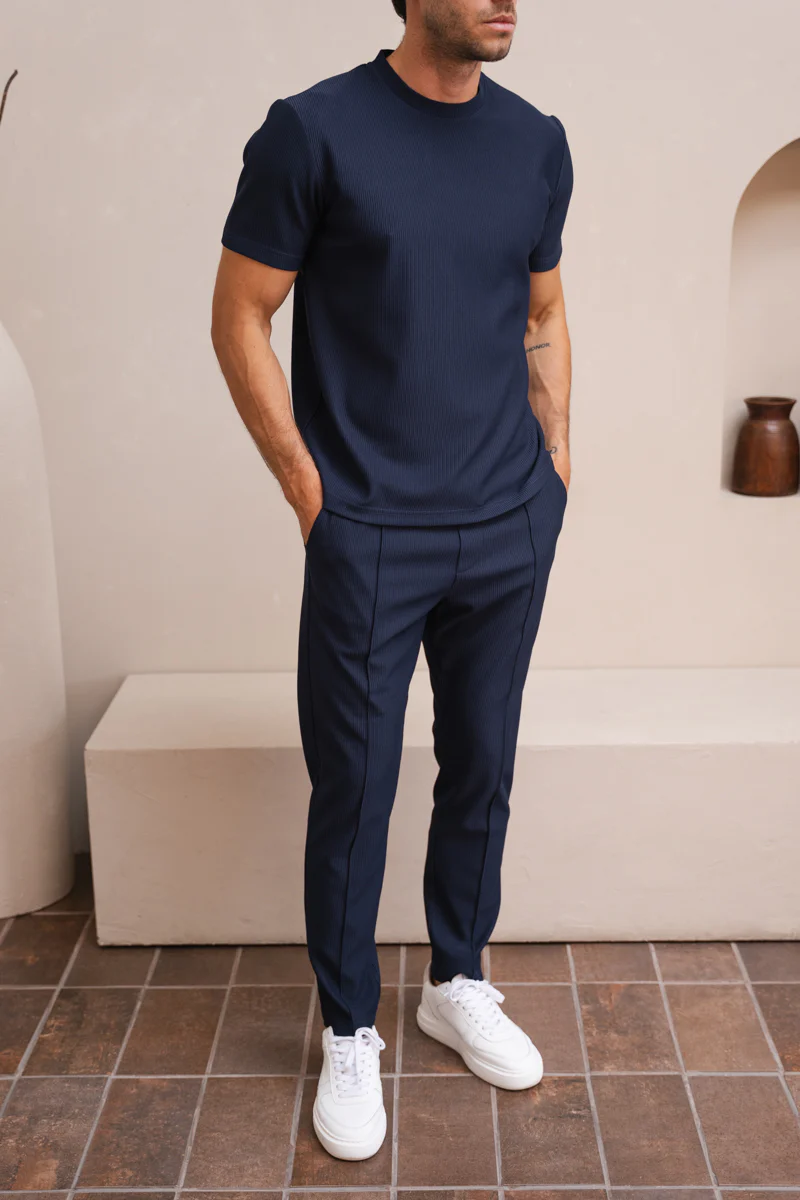 Pleated Slim Fit T-Shirt - Navy