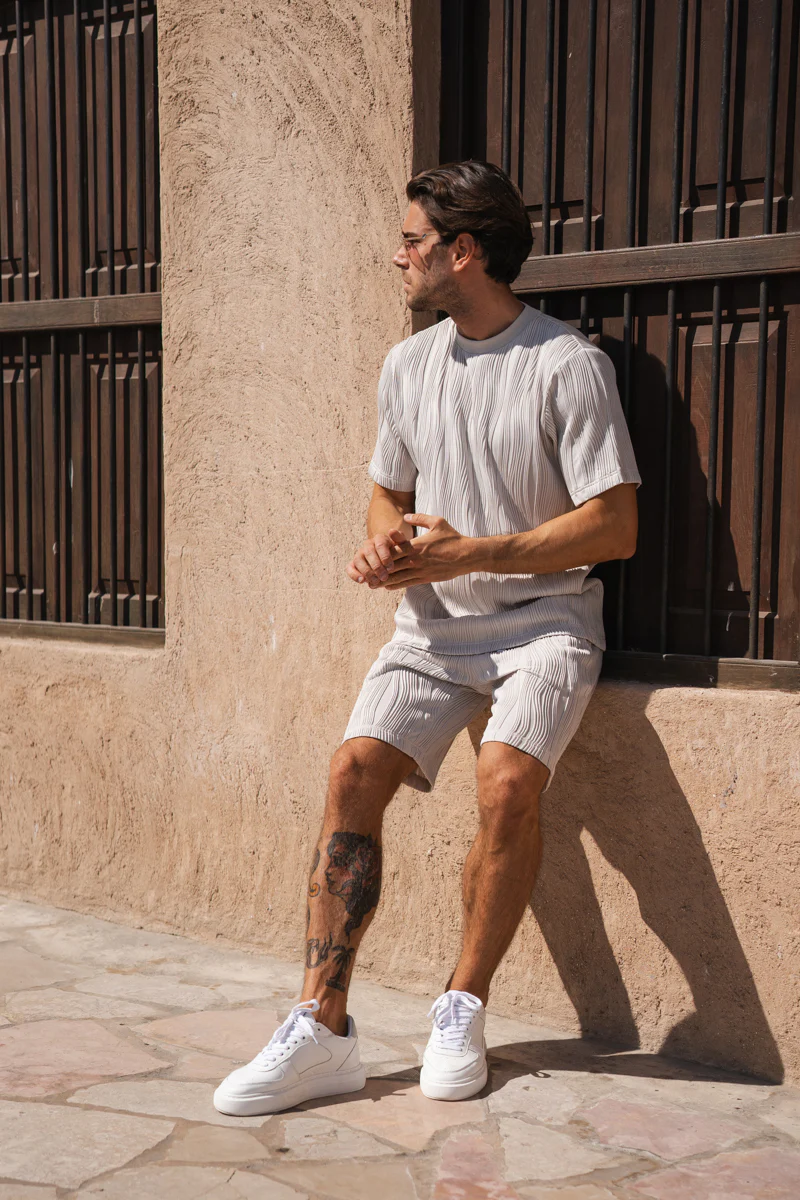 Ripple Texture Slim Fit T-Shirt - Light Grey