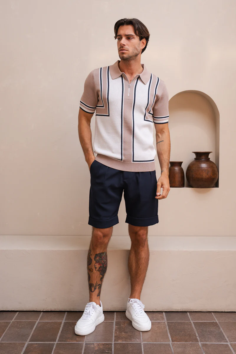 Geometric Quarter Zip Polo - Taupe