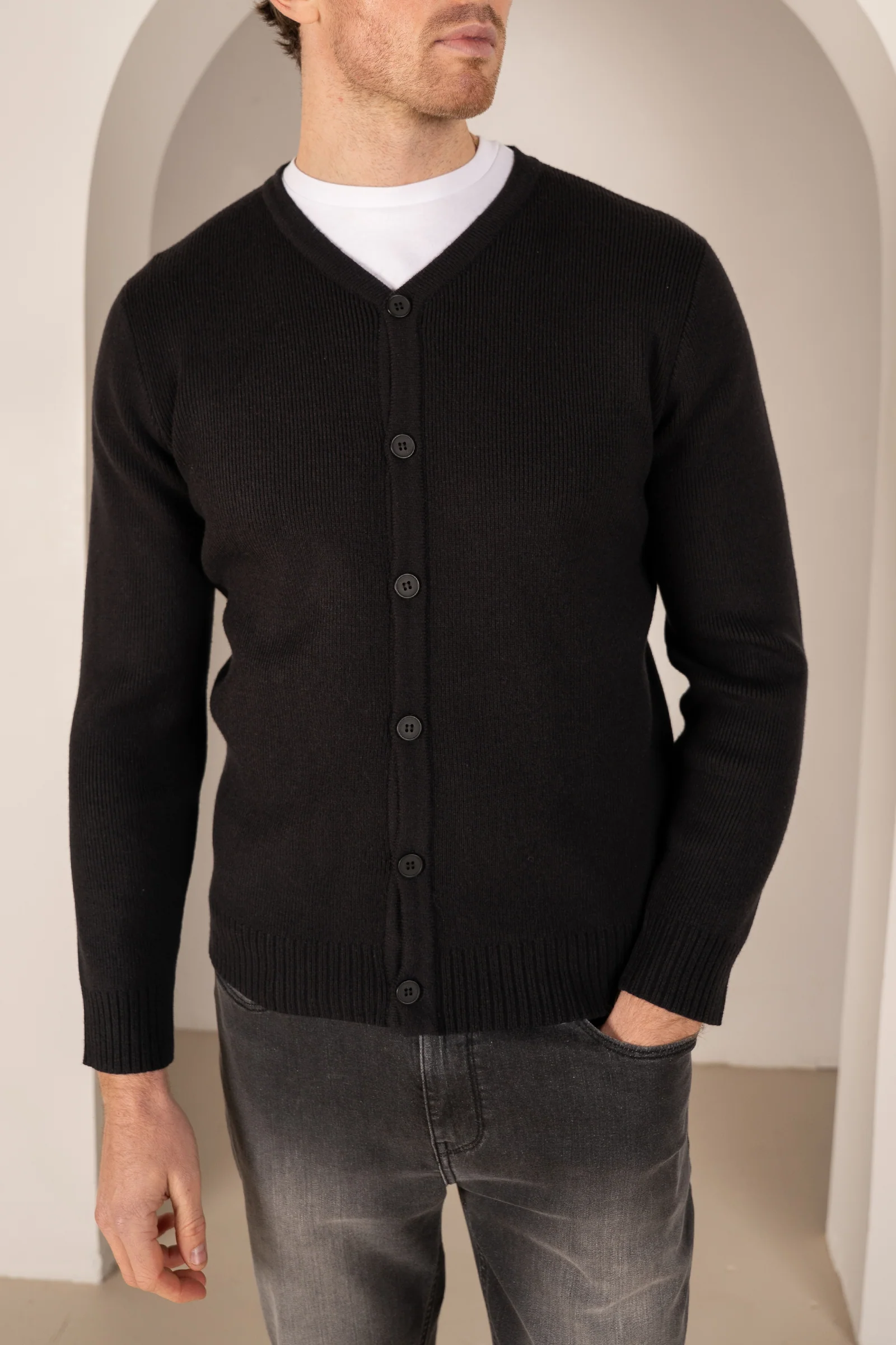 Y Neck Button Up Cardigan - Black