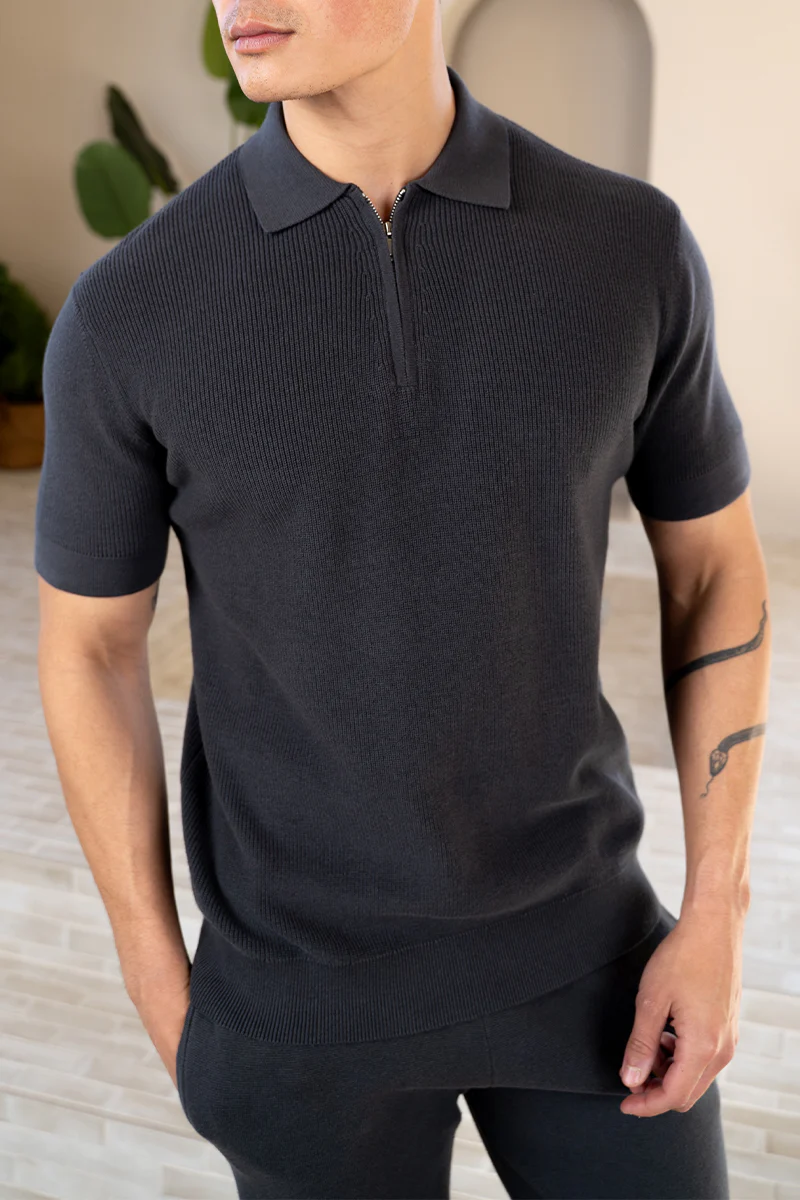 Premium Ribbed Knitted Polo Shirt - Charcoal
