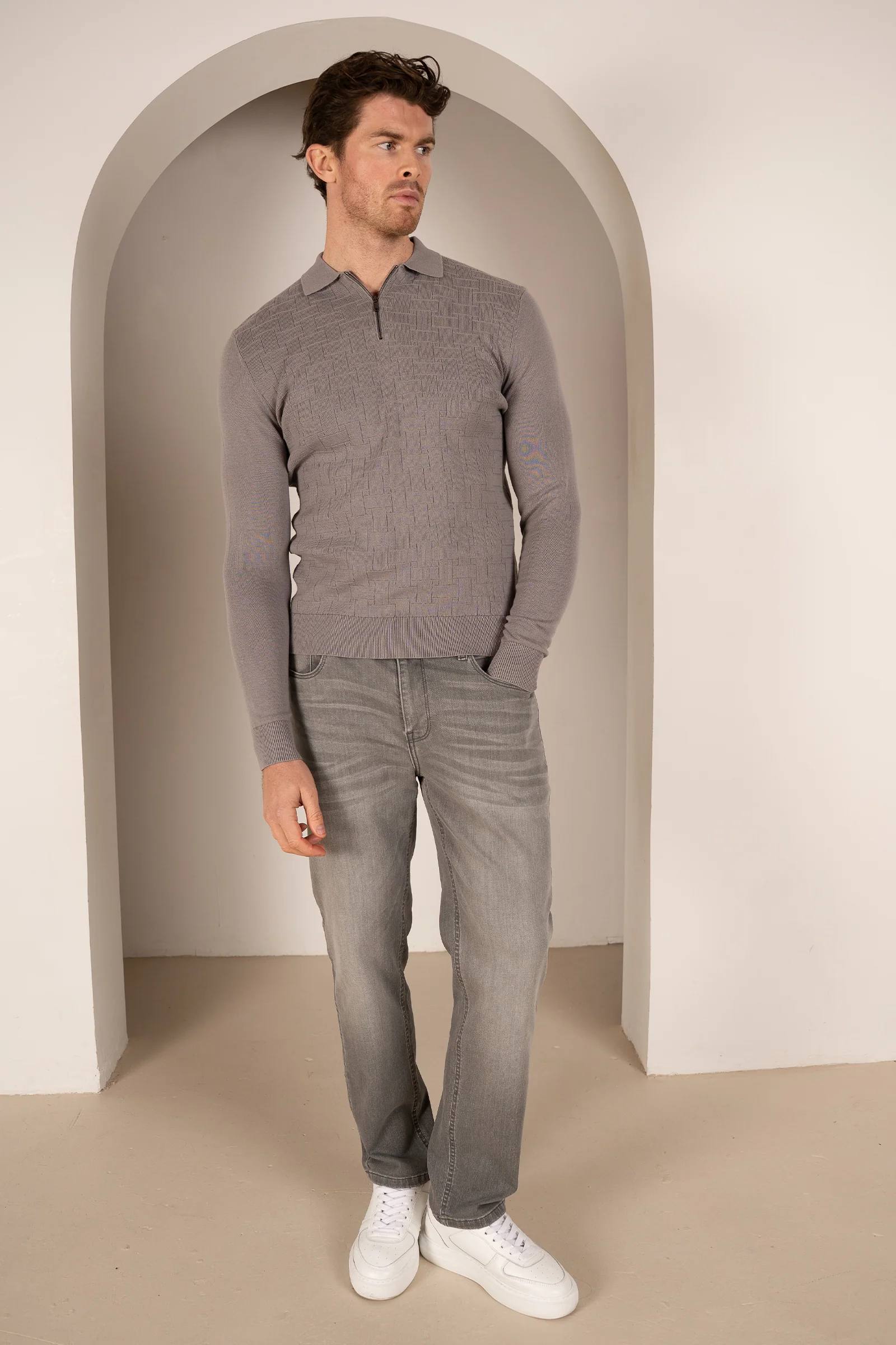 Geometric Long Sleeve Polo - Light Grey