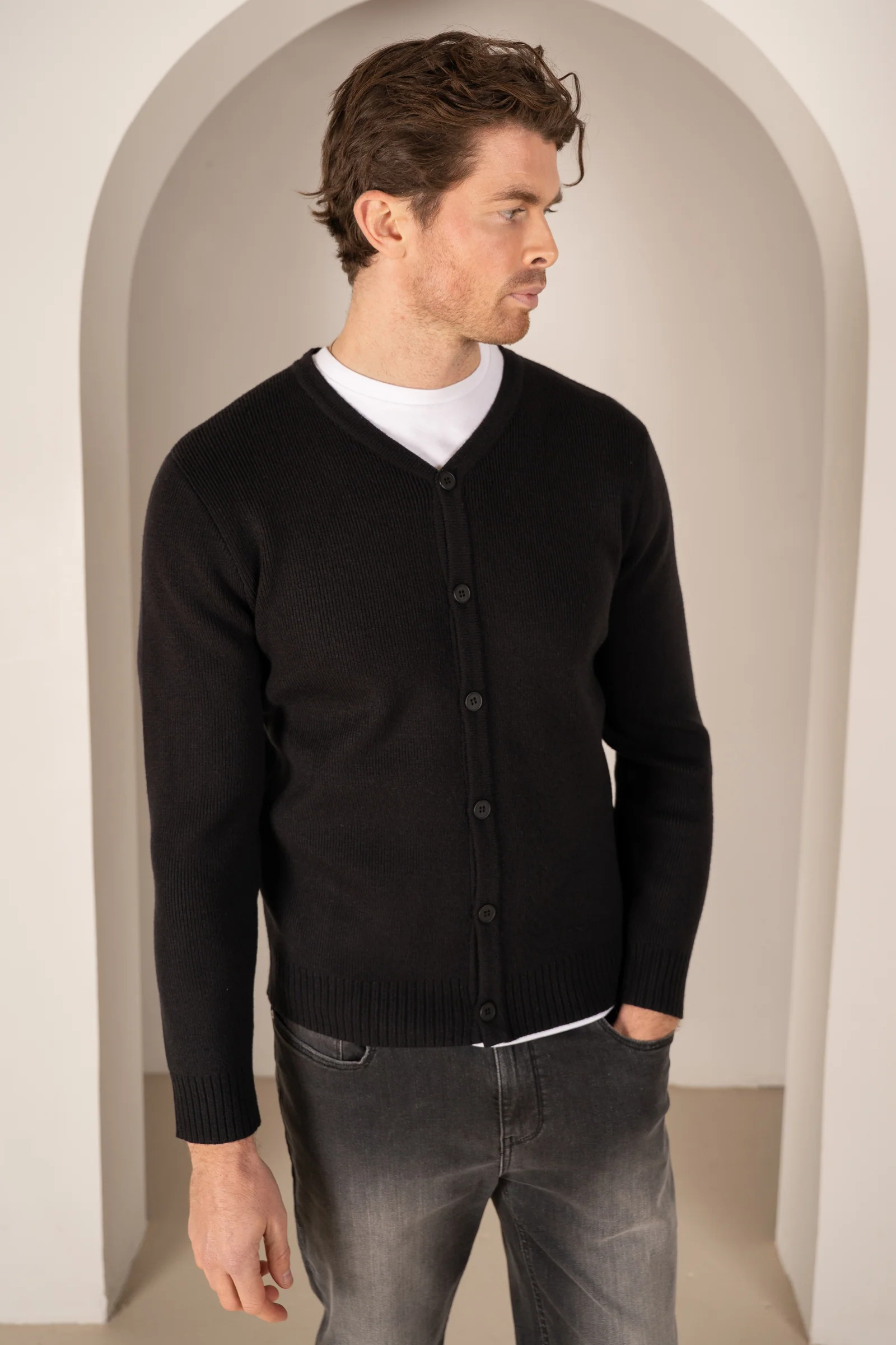 Y Neck Button Up Cardigan - Black