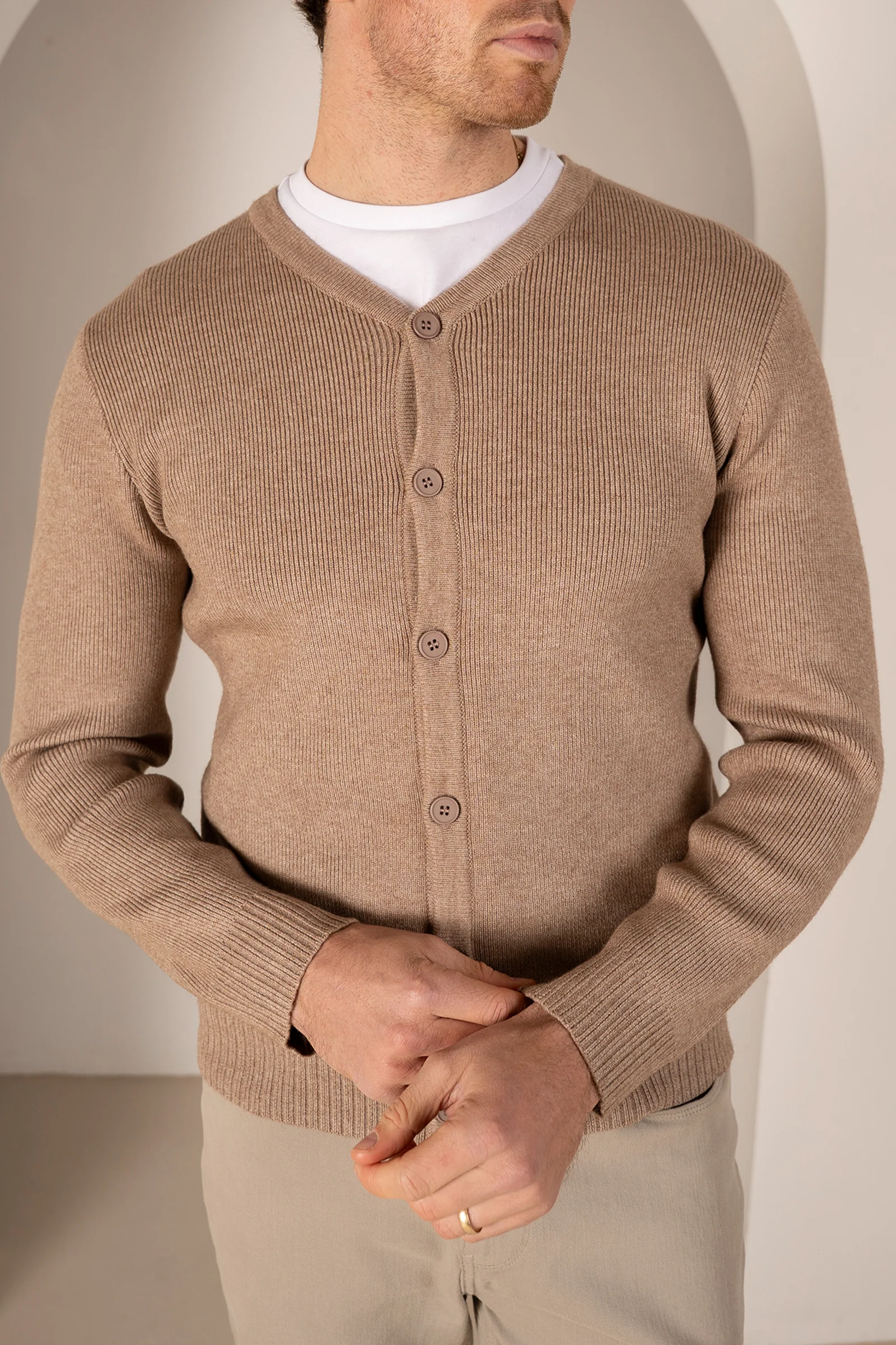 Y Neck Button Up Cardigan - Oatmeal