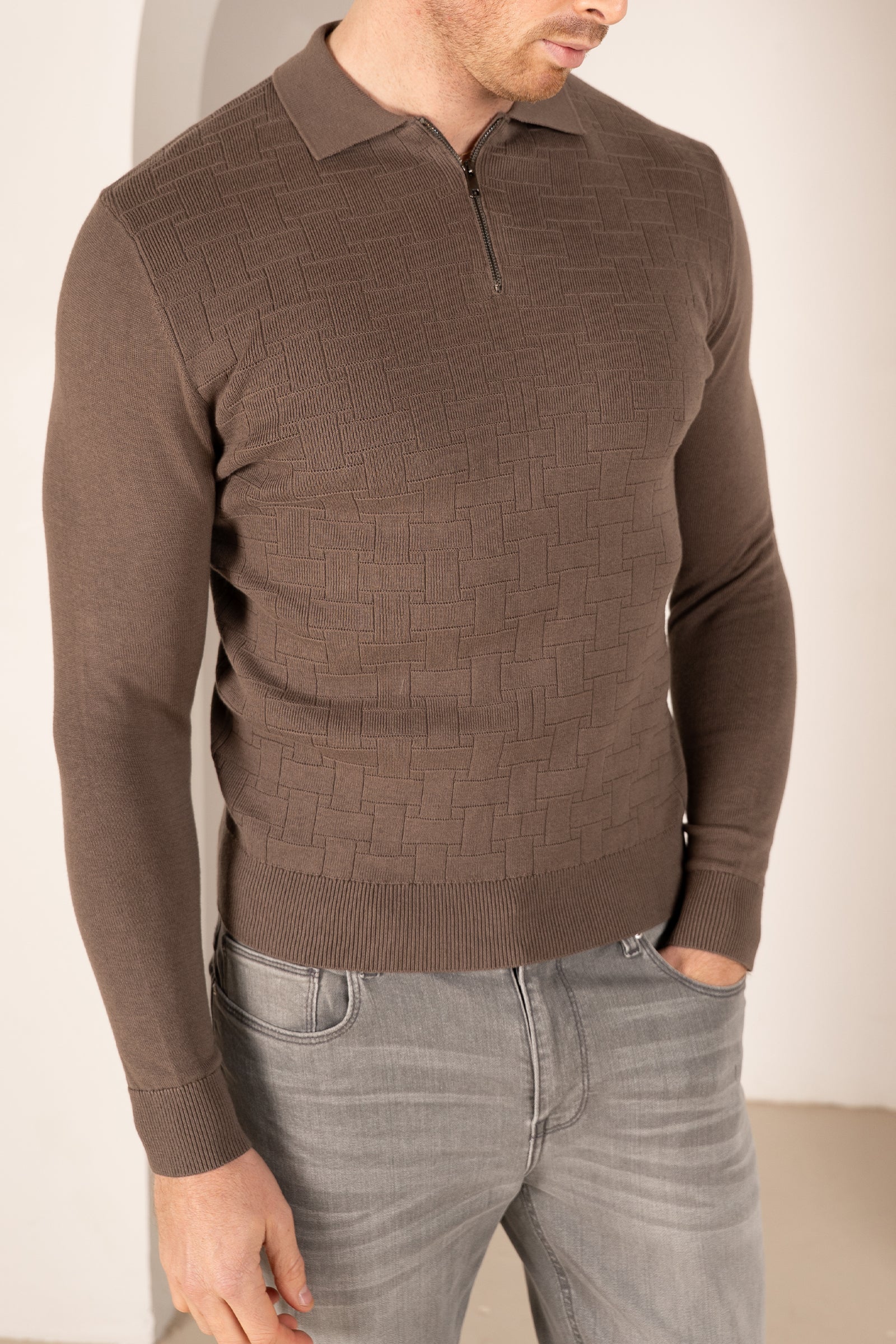 Geometric Long Sleeve Polo - Khaki