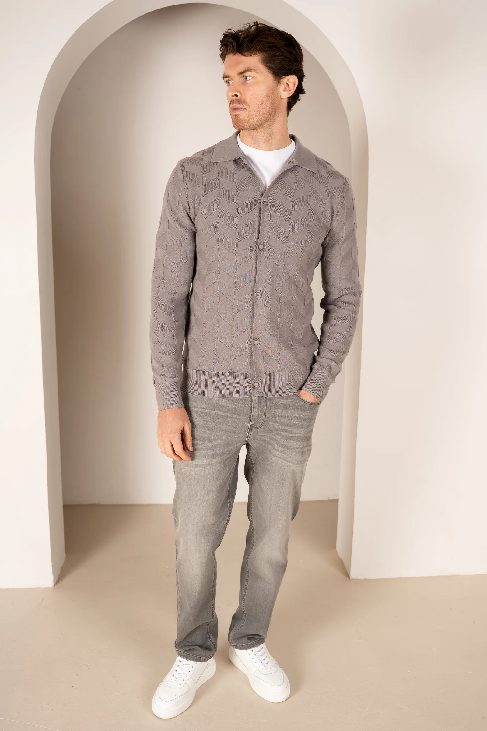 Textured Pattern Button Up Cardgian - Light Grey