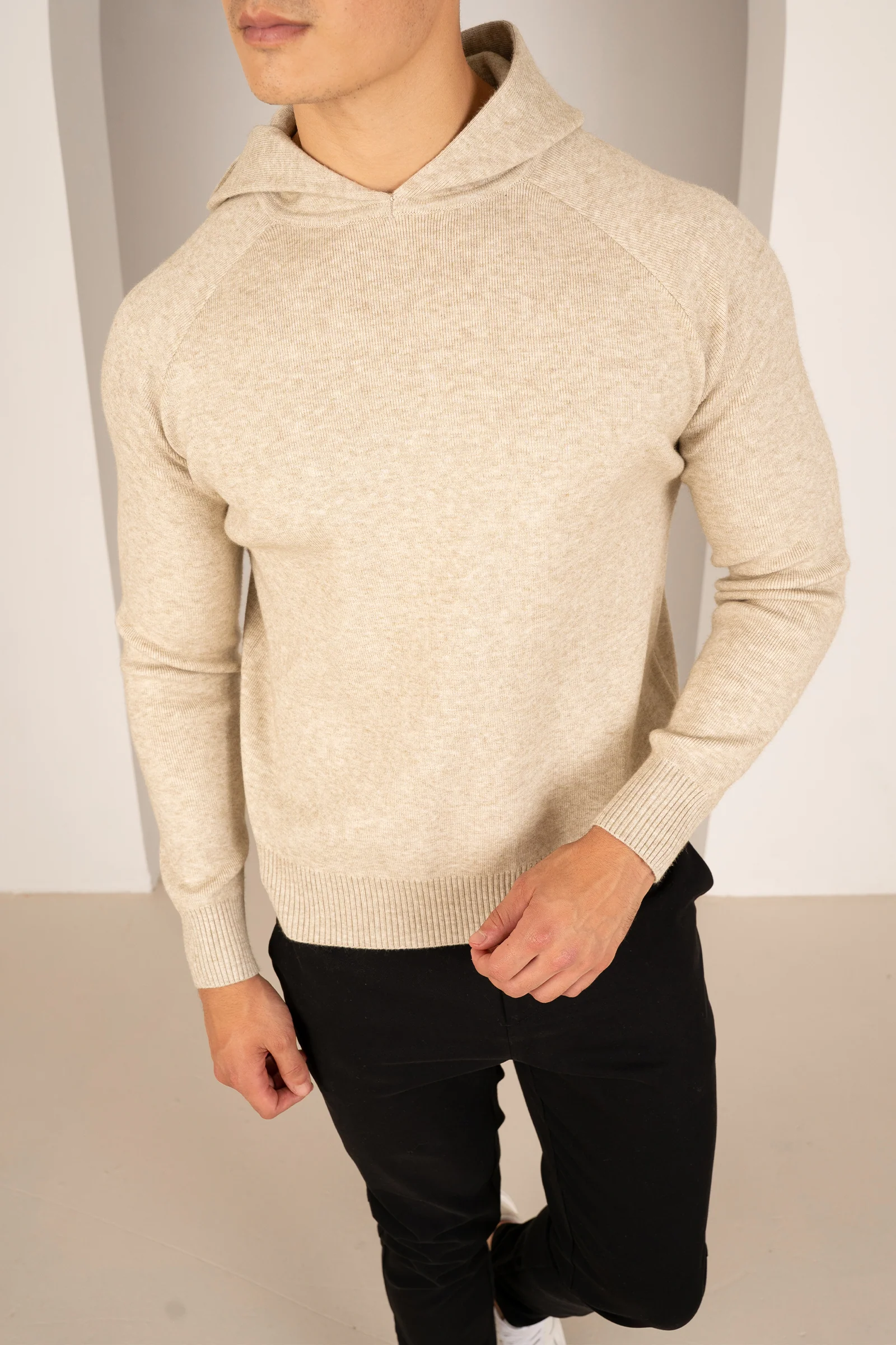 Slim Fit Knitted Hoodie - Oatmeal