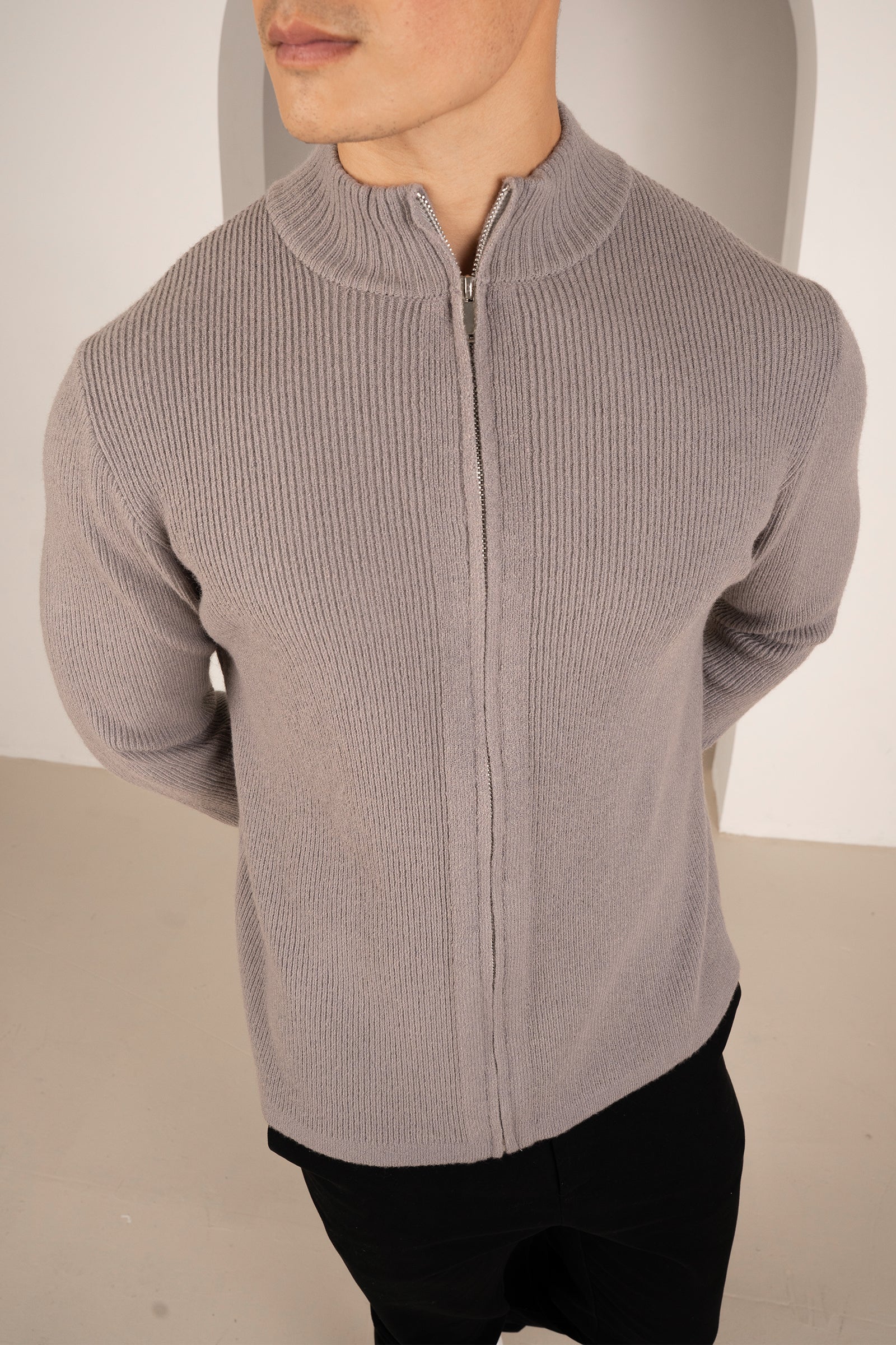 Ribbed Zip-Up Cardigan - Grey