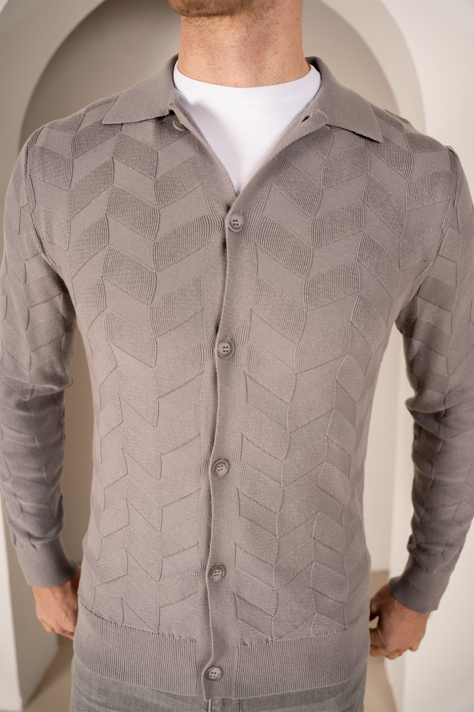 Textured Pattern Button Up Cardgian - Light Grey