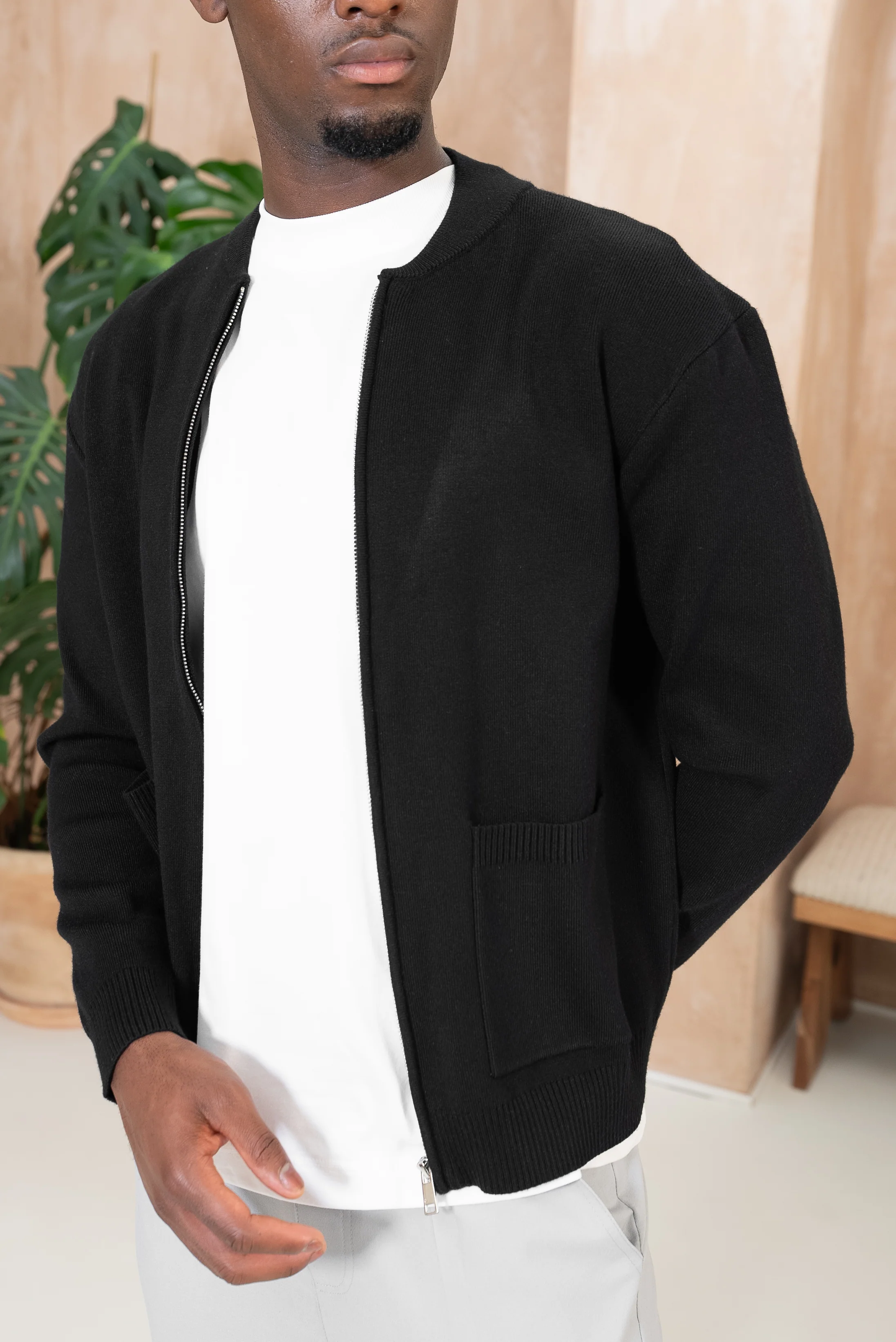 Knitted Zip Up Bomber Jacket - Black