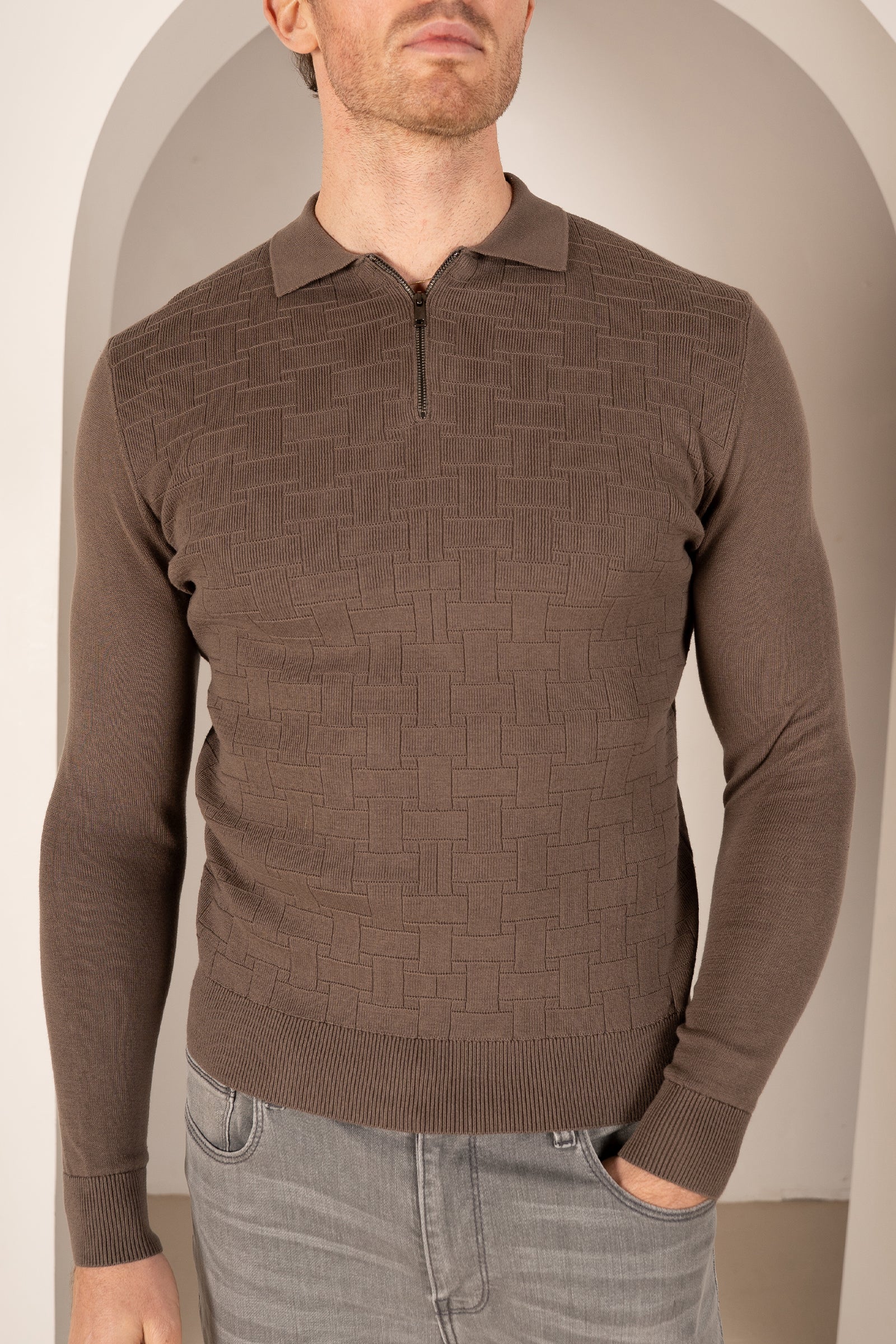 Geometric Long Sleeve Polo - Khaki