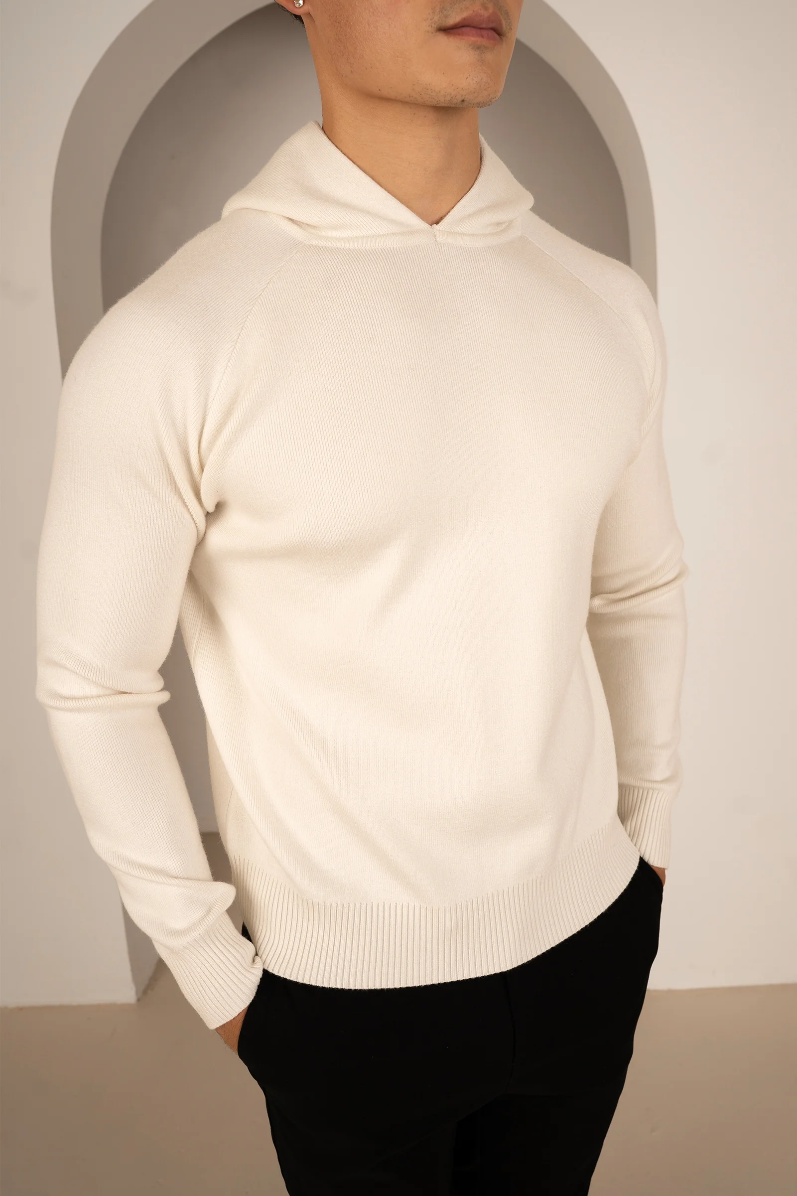 Slim Fit Knitted Hoodie - Off White
