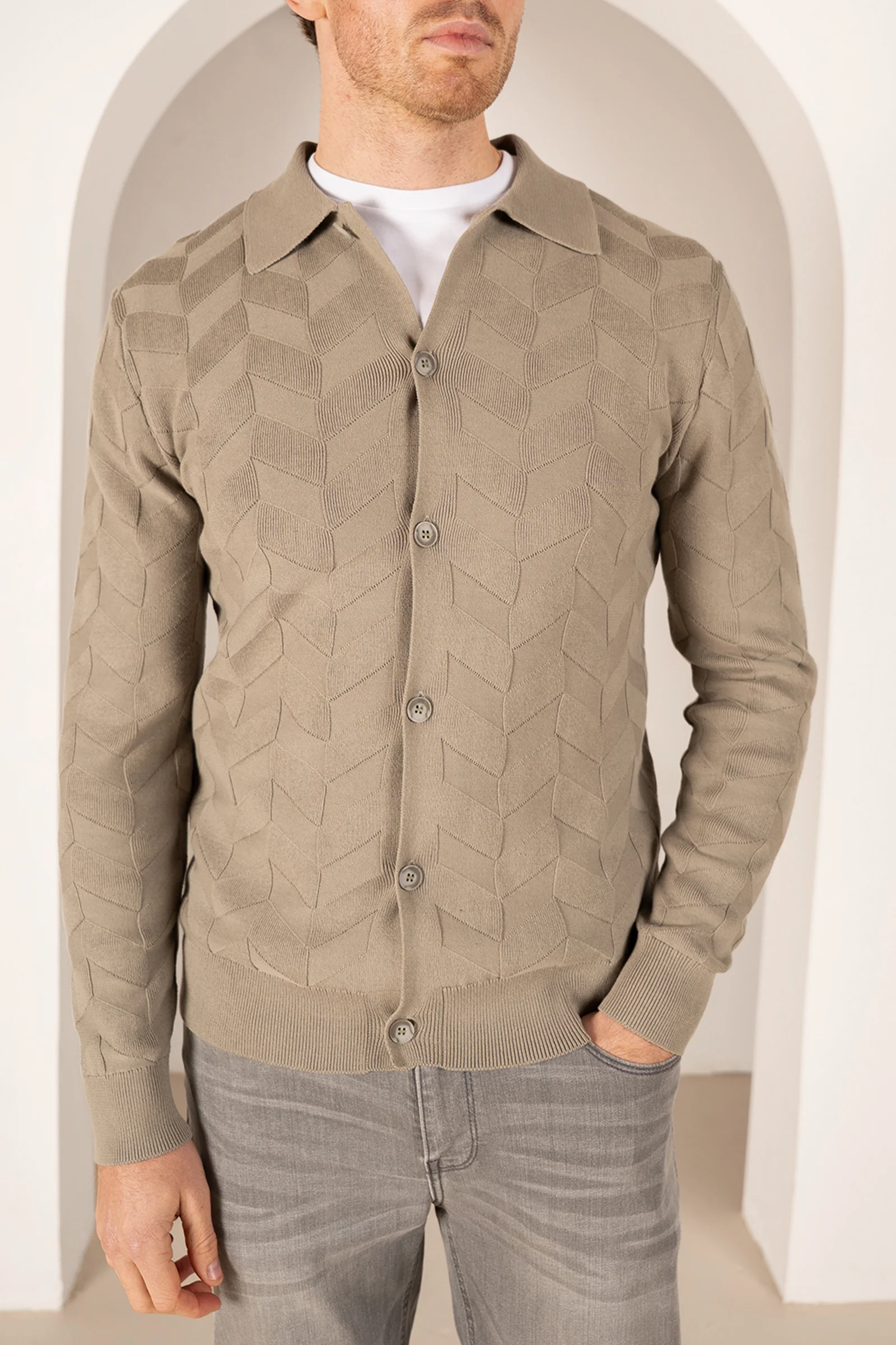 Textured Pattern Button Up Cardgian - Olive