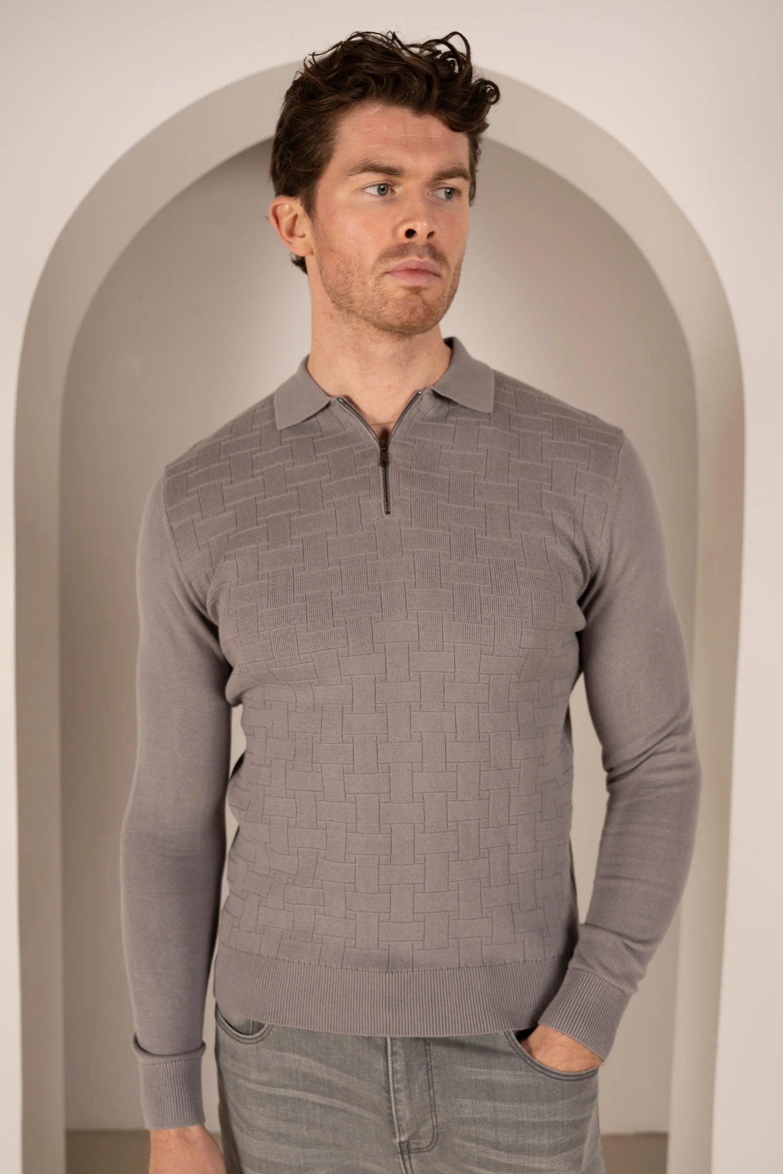 Geometric Long Sleeve Polo - Light Grey