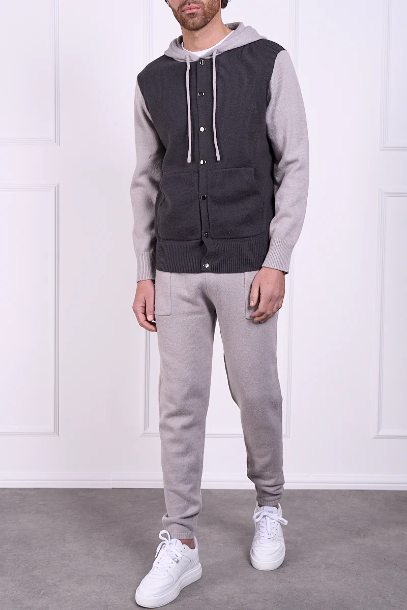 Panel Knitted Popper Hoody - Grey