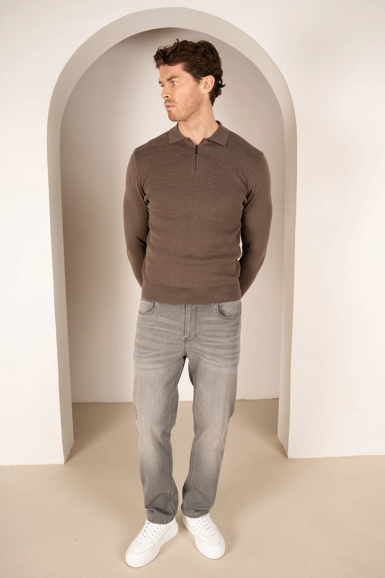 Geometric Long Sleeve Polo - Khaki