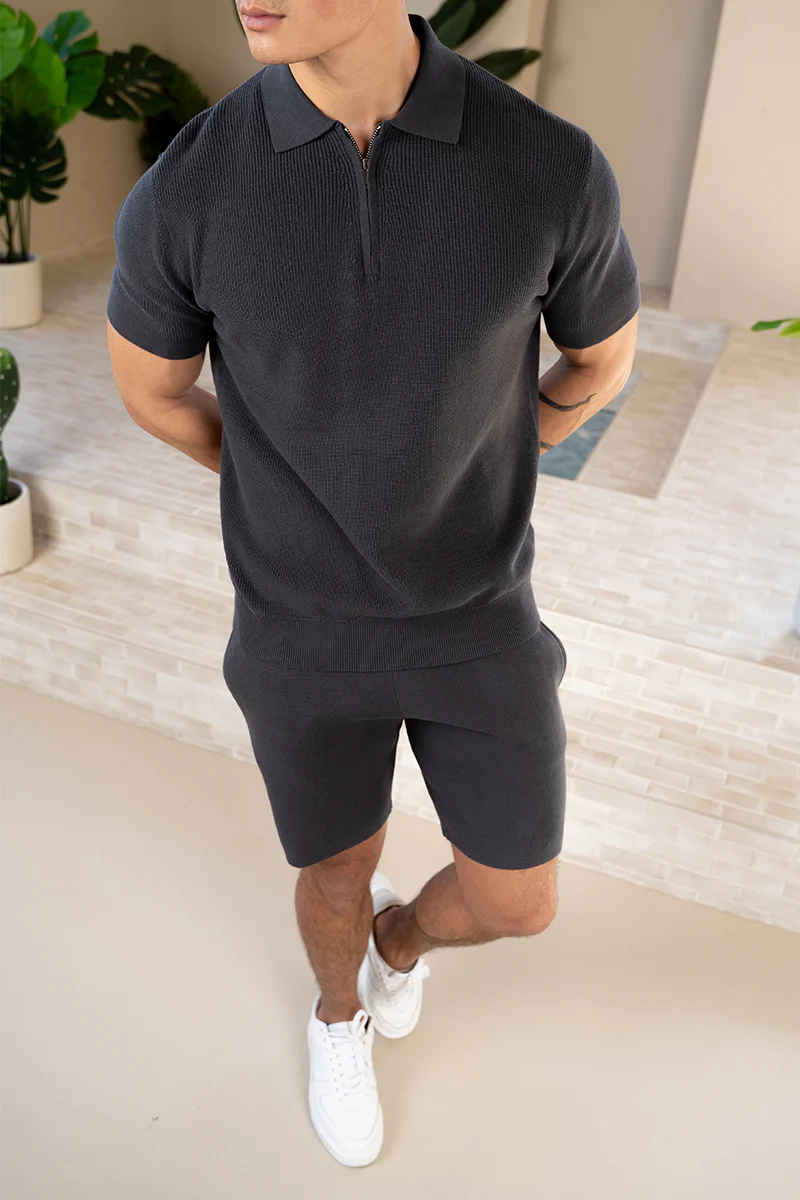 Premium Ribbed Knitted Polo Shirt - Charcoal