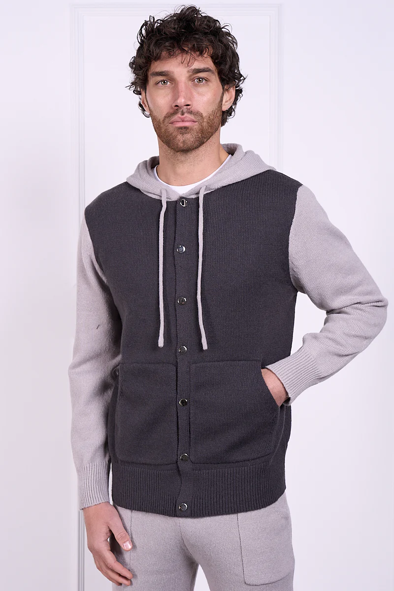 Panel Knitted Popper Hoody - Grey