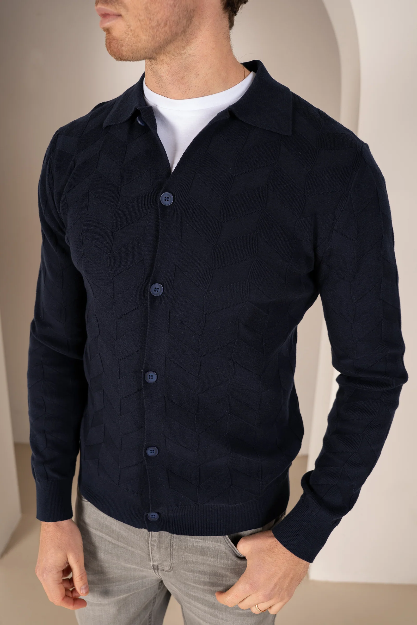Textured Pattern Button Up Cardgian - Navy