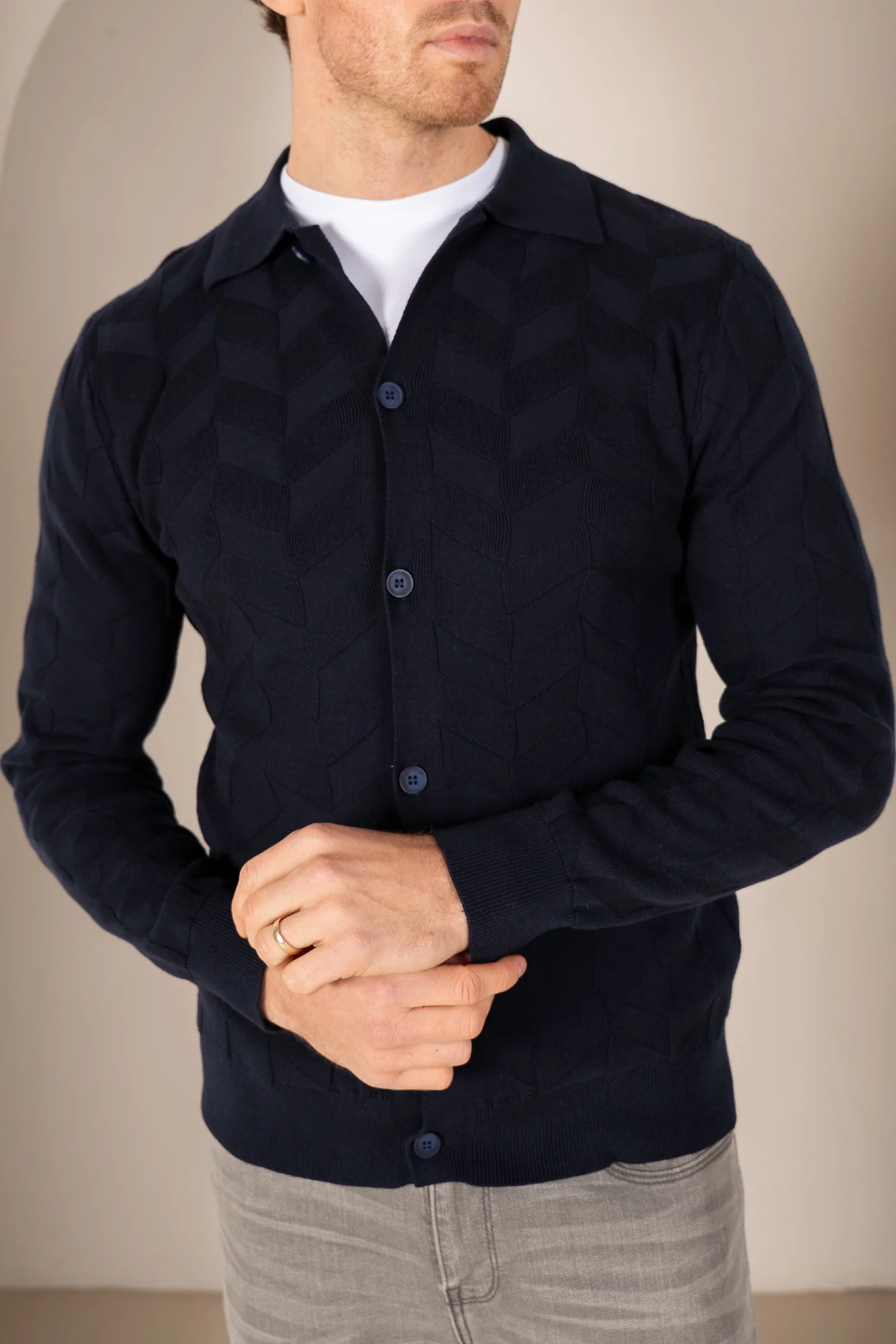 Textured Pattern Button Up Cardgian - Navy