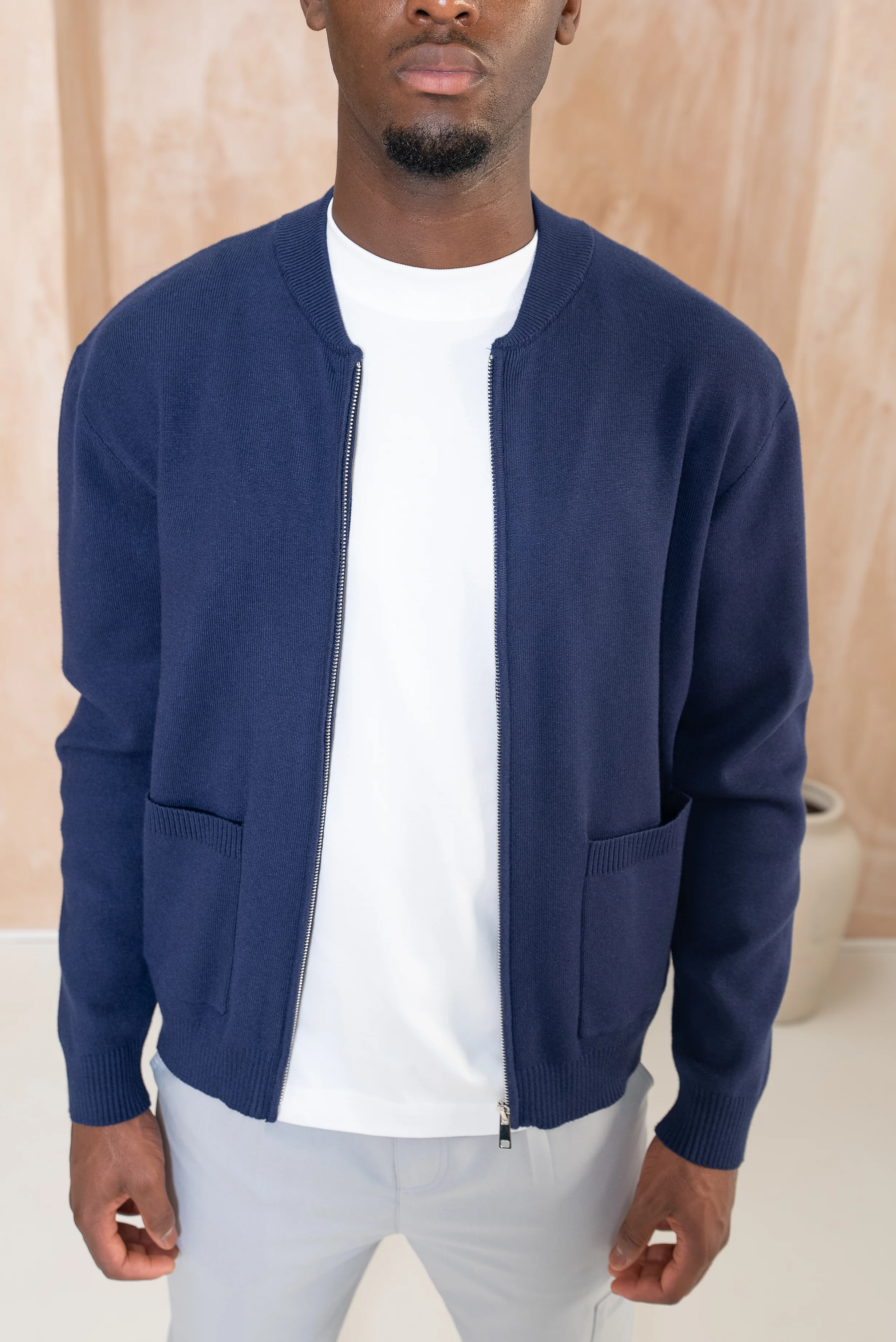 Knitted Zip Up Bomber Jacket - Navy