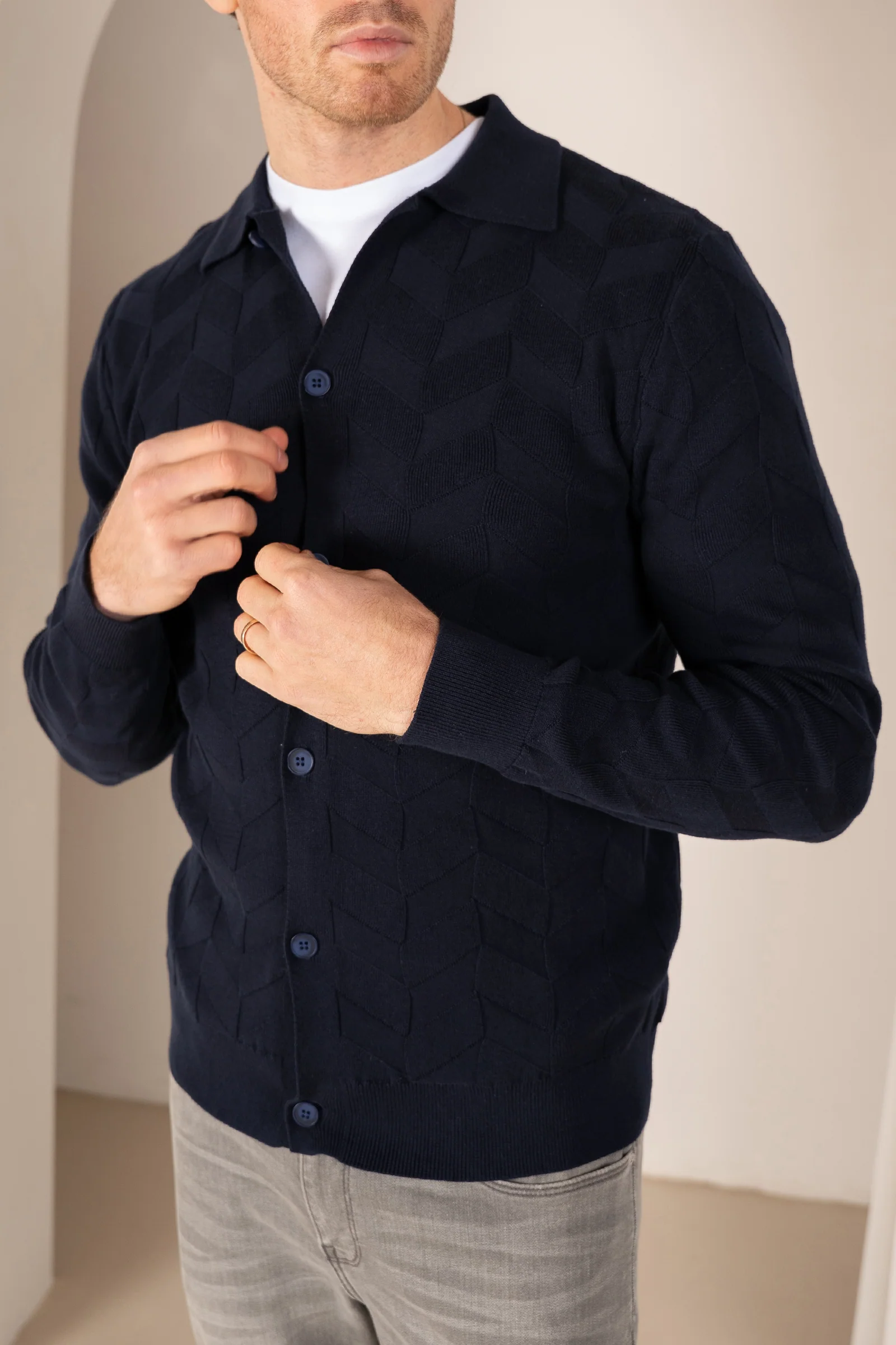 Textured Pattern Button Up Cardgian - Navy