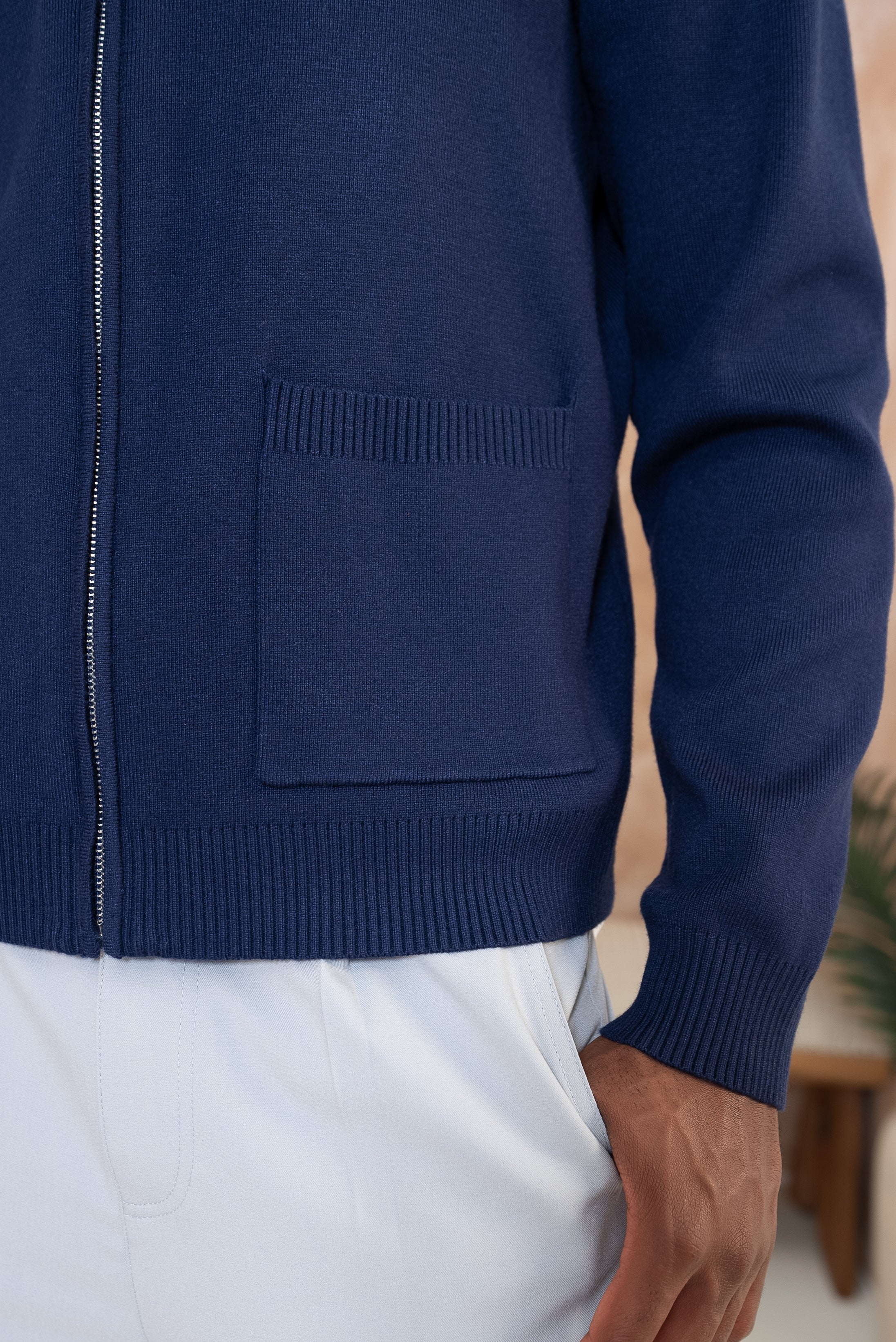 Knitted Zip Up Bomber Jacket - Navy