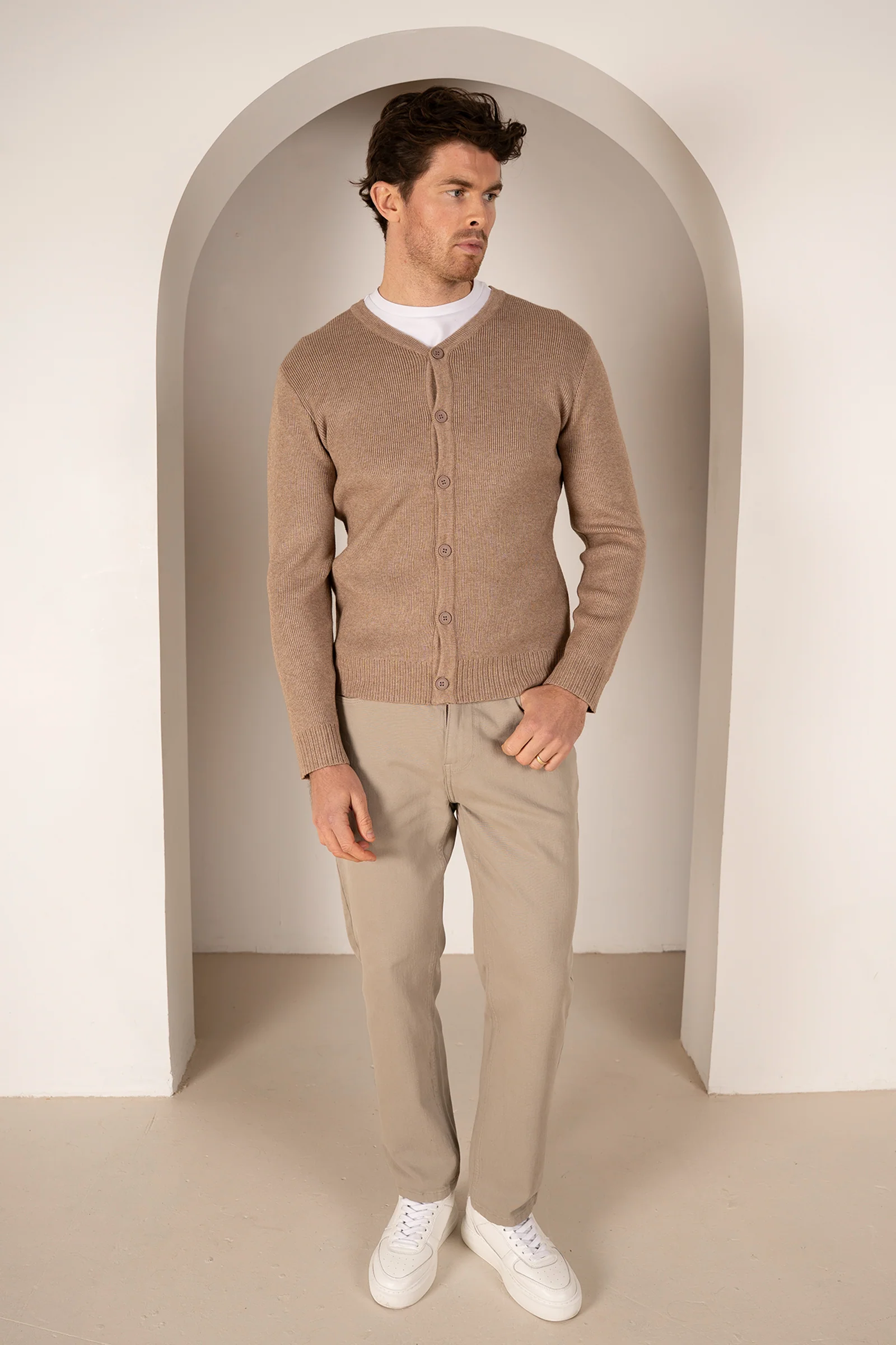 Y Neck Button Up Cardigan - Oatmeal