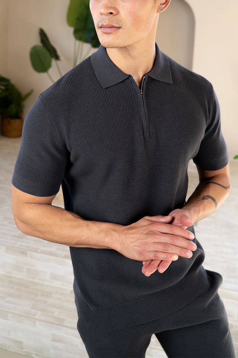 Premium Ribbed Knitted Polo Shirt - Charcoal