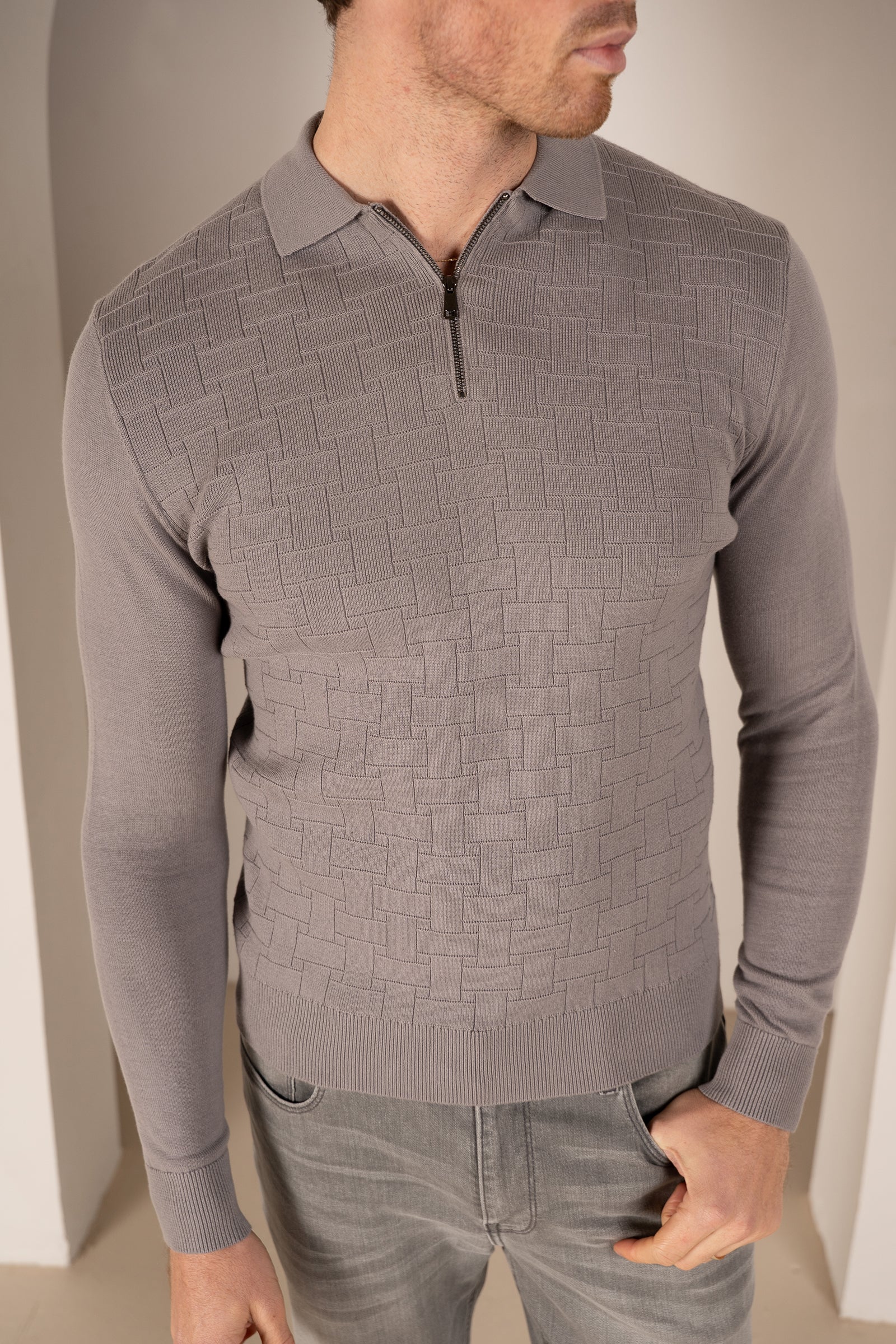 Geometric Long Sleeve Polo - Light Grey