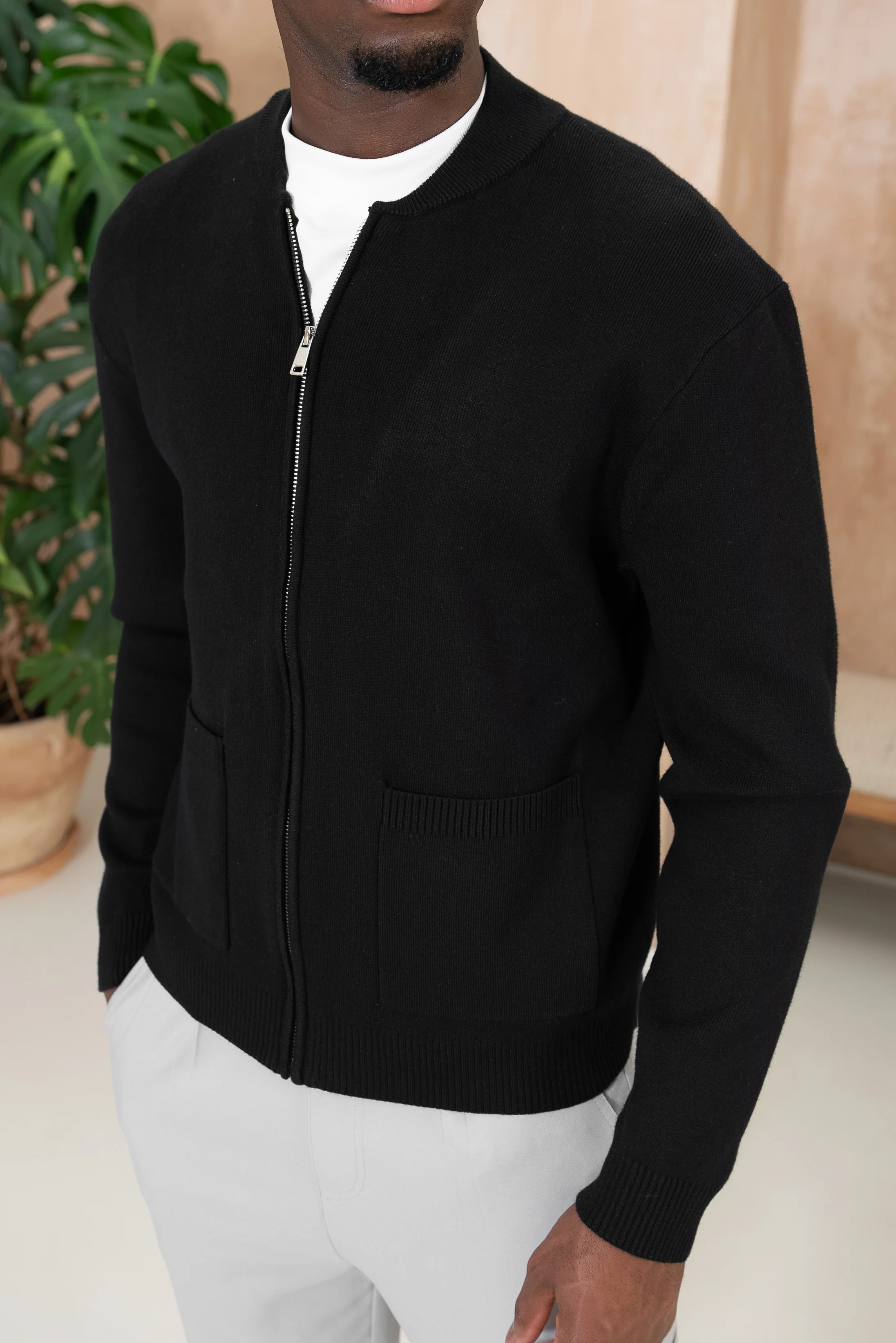 Knitted Zip Up Bomber Jacket - Black