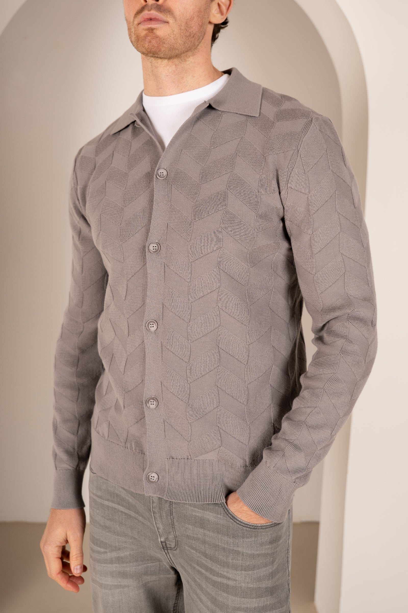 Textured Pattern Button Up Cardgian - Light Grey