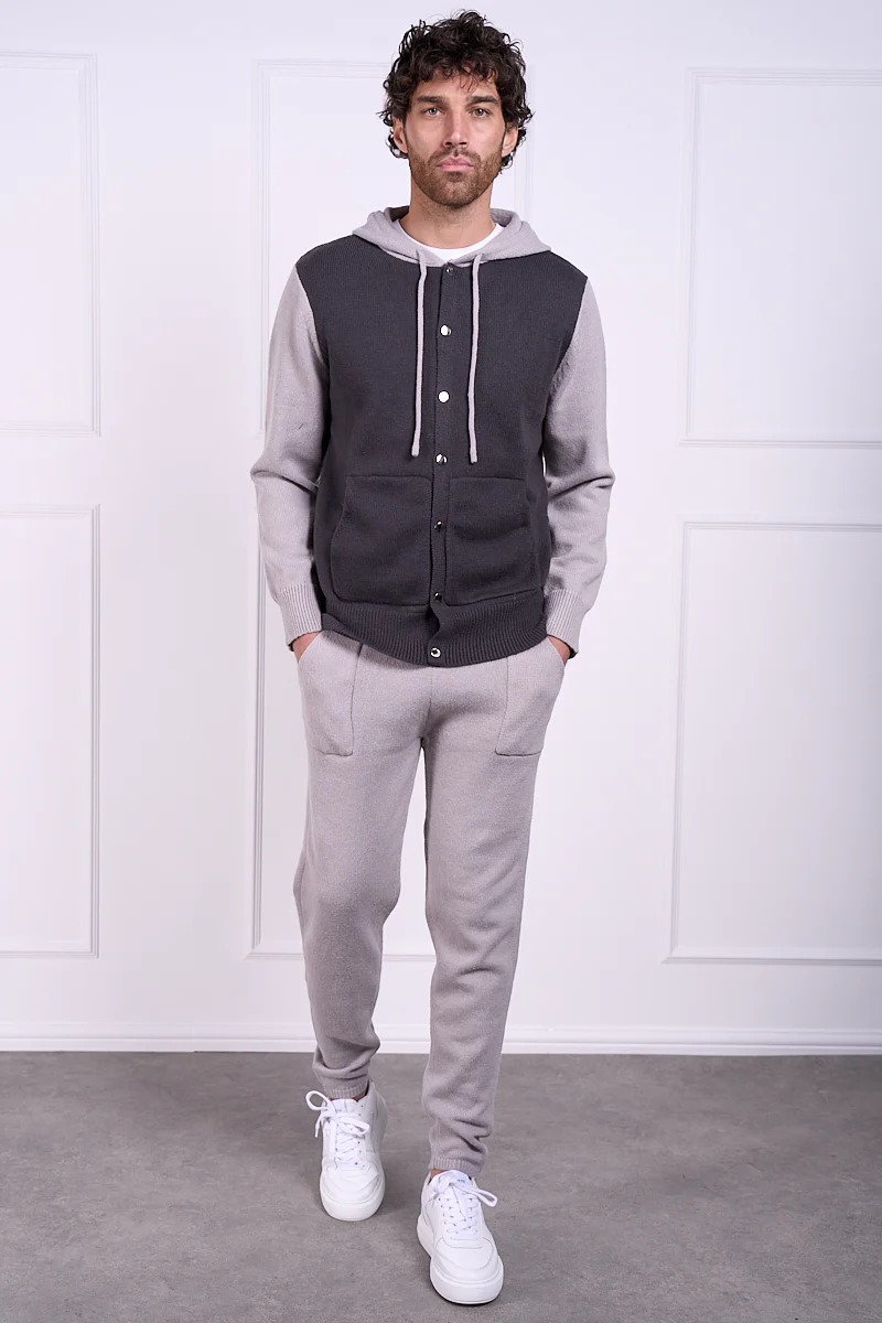 Panel Knitted Popper Hoody - Grey