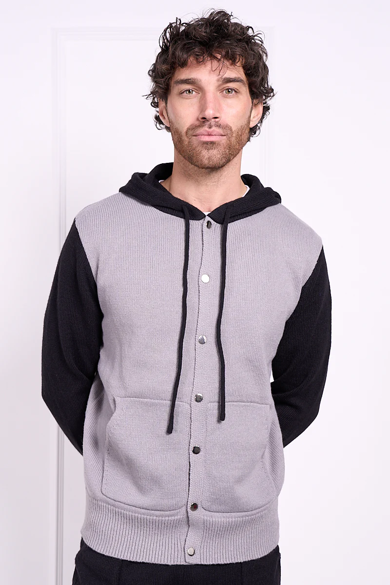 Panel Knitted Popper Hoody - Black