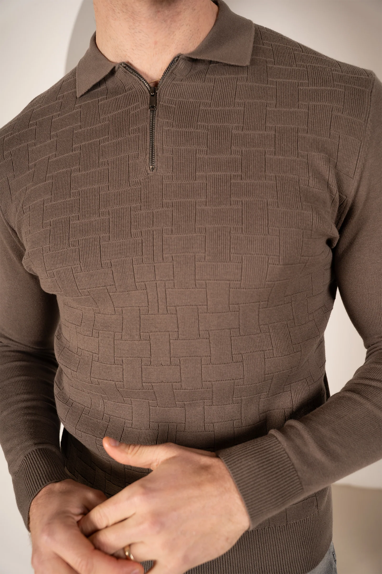 Geometric Long Sleeve Polo - Khaki