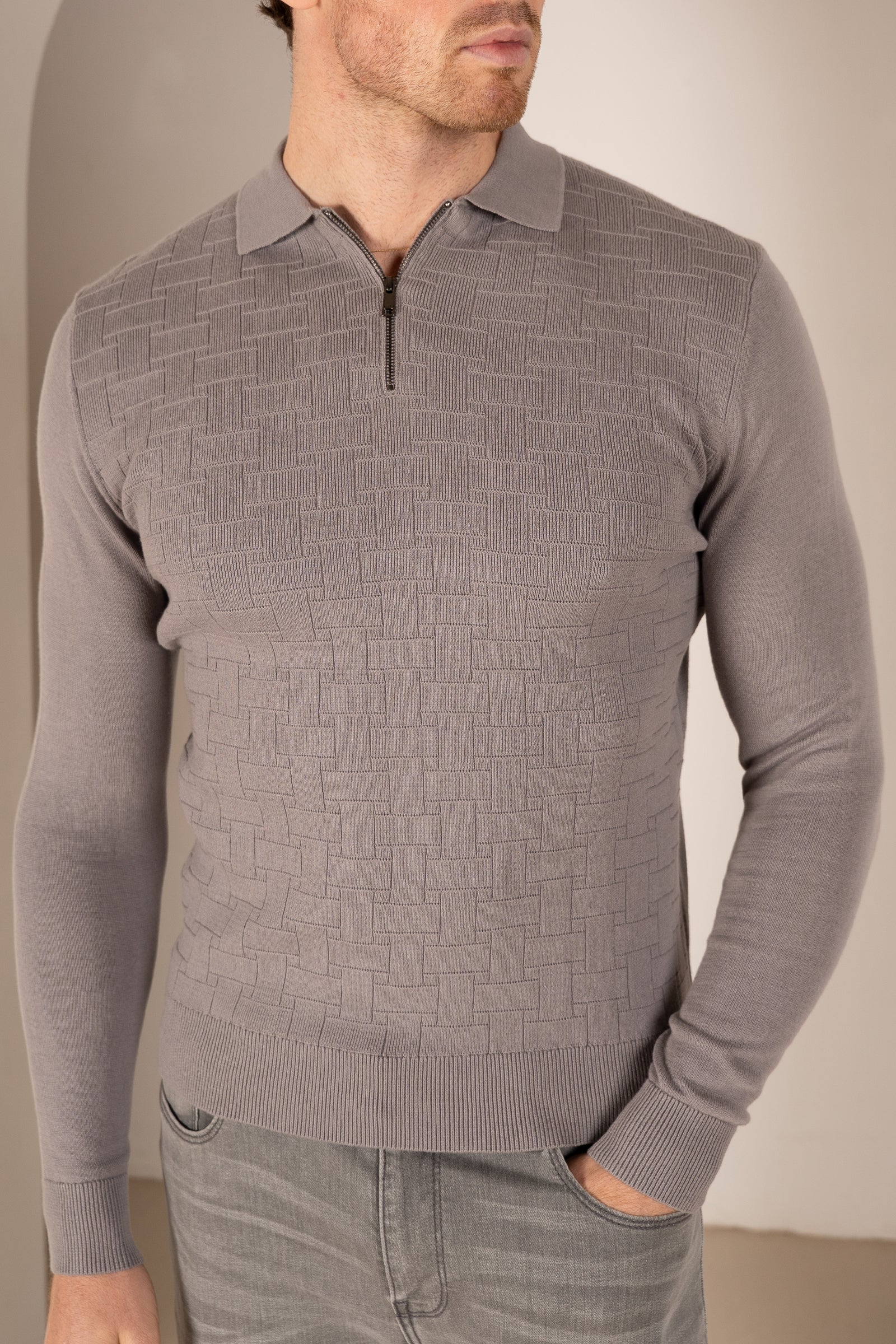 Geometric Long Sleeve Polo - Light Grey