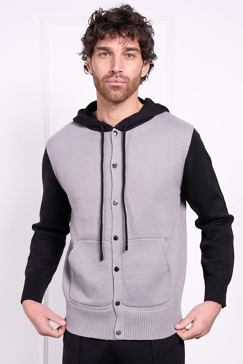 Panel Knitted Popper Hoody - Black