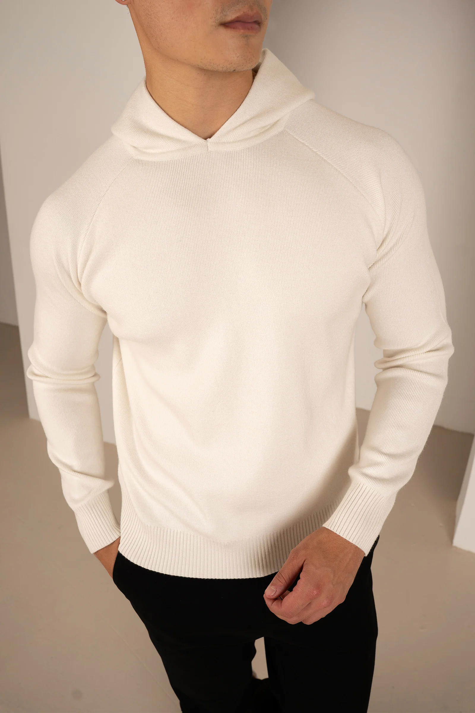 Slim Fit Knitted Hoodie - Off White