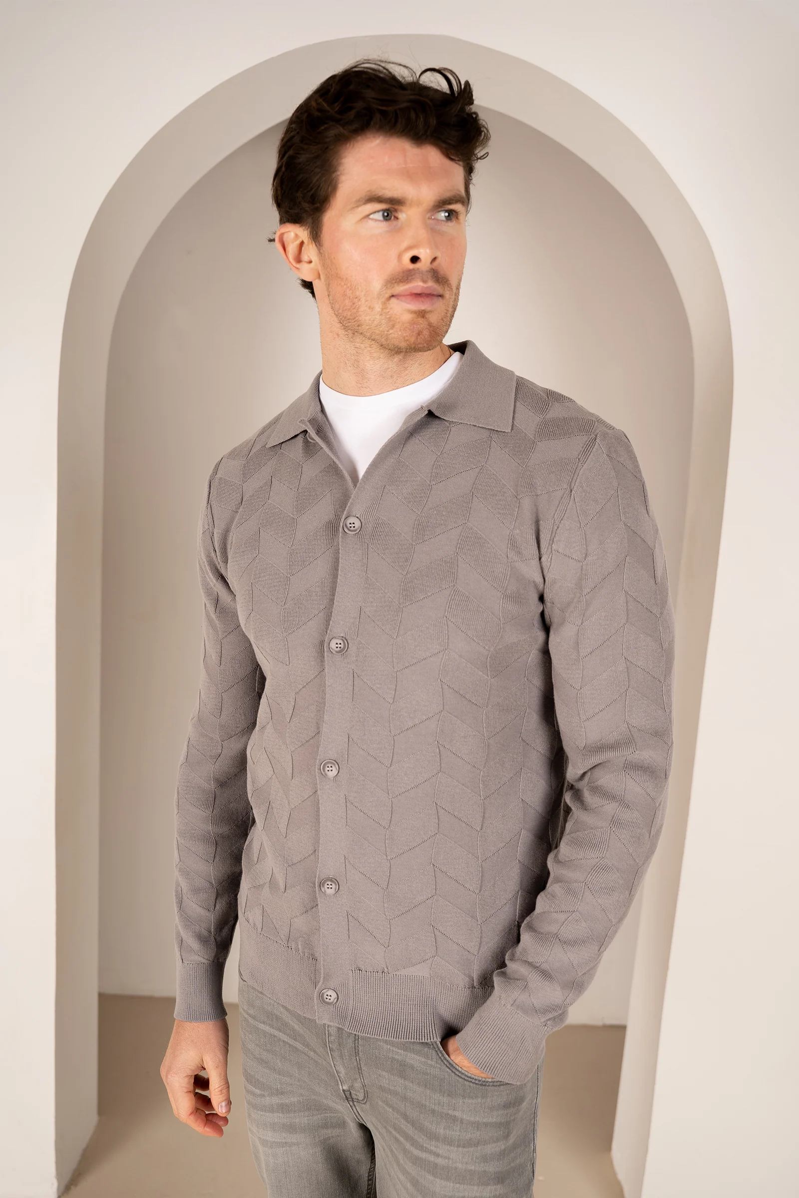 Textured Pattern Button Up Cardgian - Light Grey